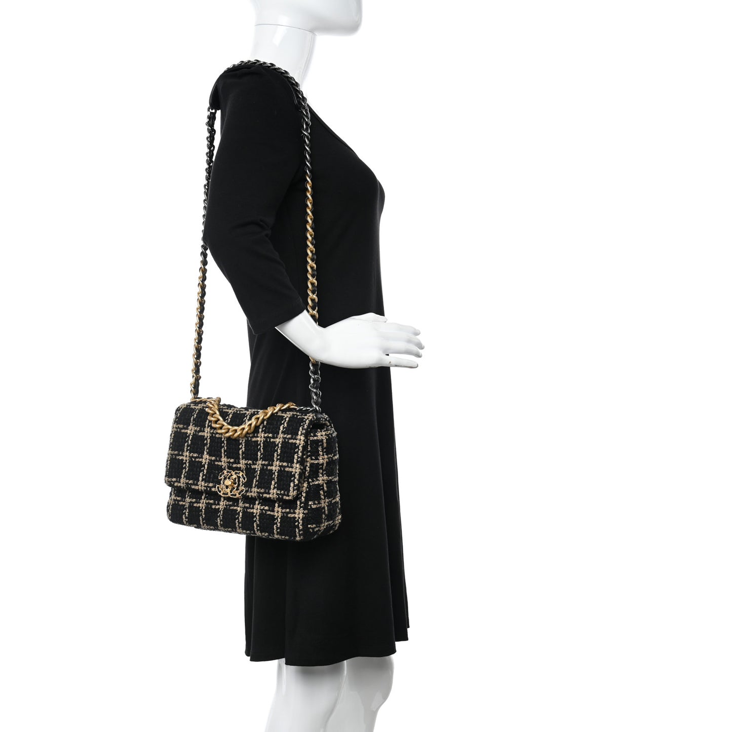 Tweed Quilted Medium Chanel 19 Flap Black Beige