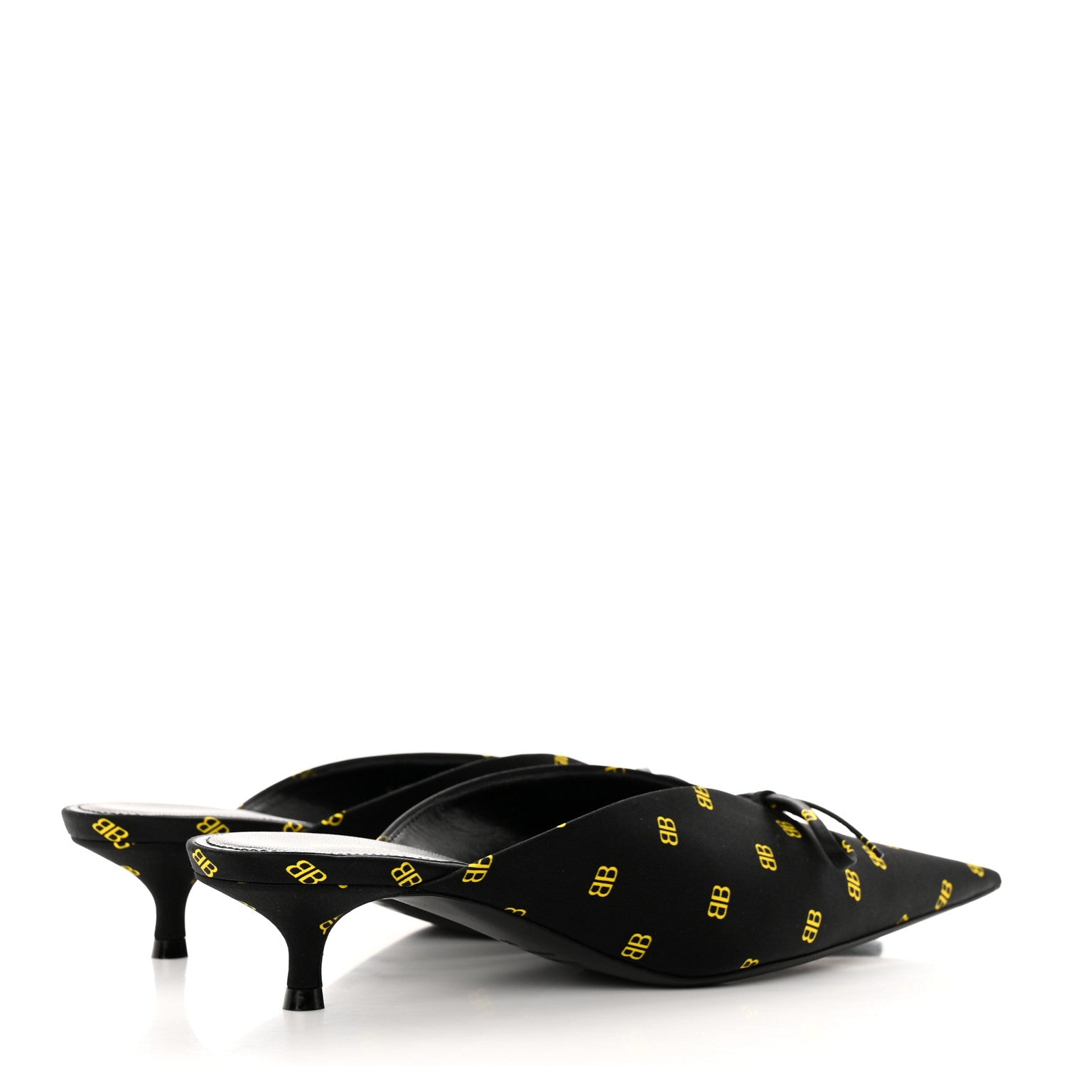 Balenciaga Crepe Satin BB Printed Pointy Toe Knife Flat 40mm Mules 36 Black Yellow Fluo 4 of 17