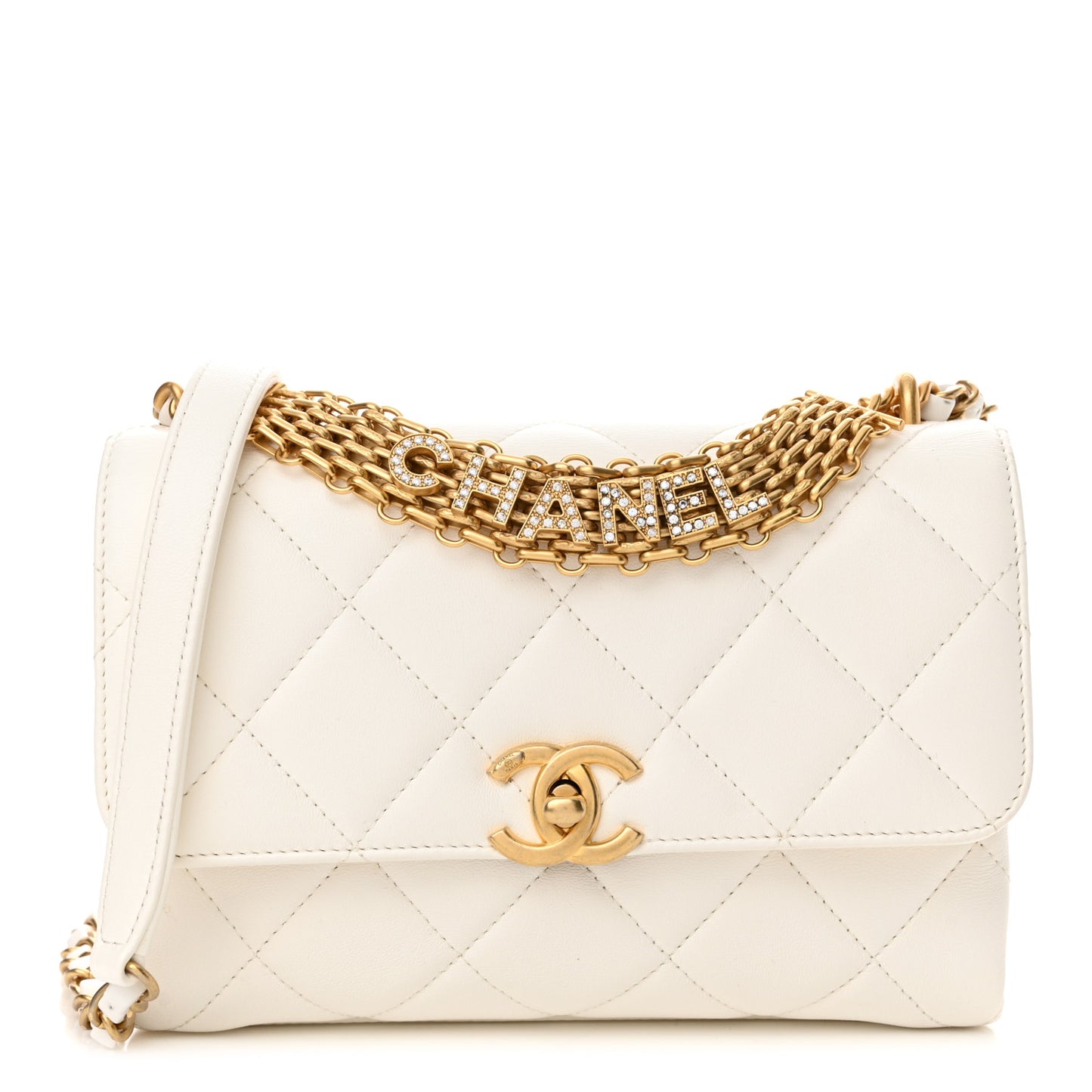 Lambskin Quilted Small CC Crystal Logo Chain Flap White