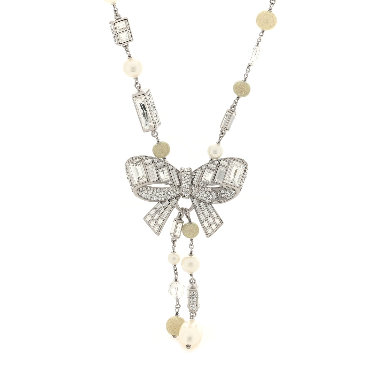 Crystal Baguette Pearl Bow Necklace Silver
