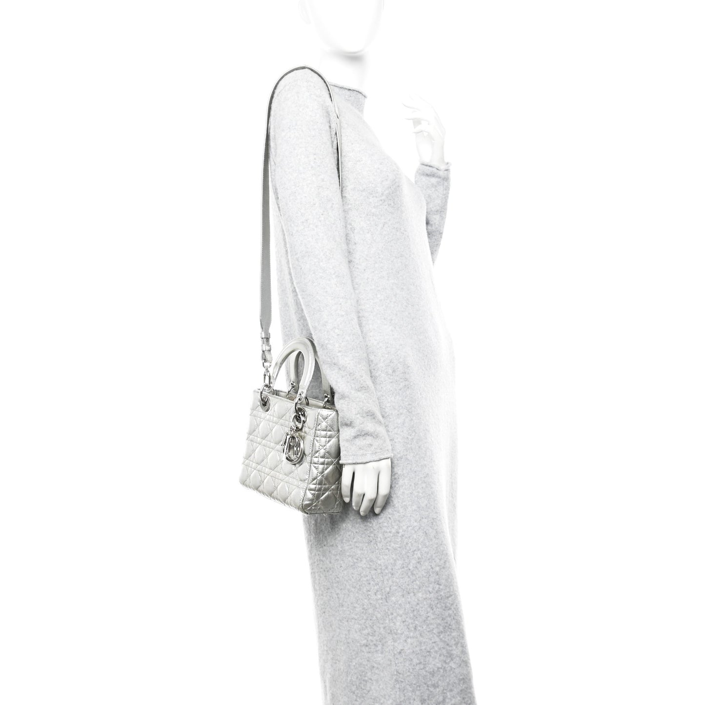 Metallic Grained Calfskin Cannage Small Lucky Badges My Lady Dior Silver