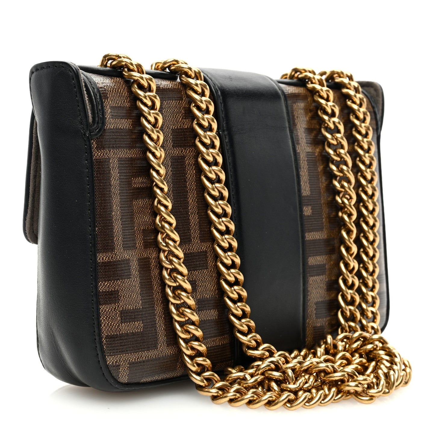 Glazed Fabric Vitello Century FF 1974 Stamp Patch Mini Double F Crossbody Bag Mogano Panna Black