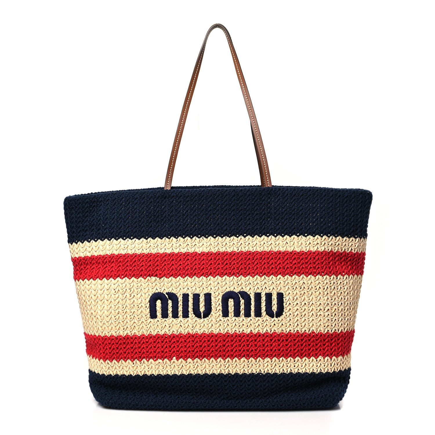 miu miu トートバッグ Miu Miu Raffia Crochet Stripe Tote Natural Blue 1724986 – FASHIONPHILE