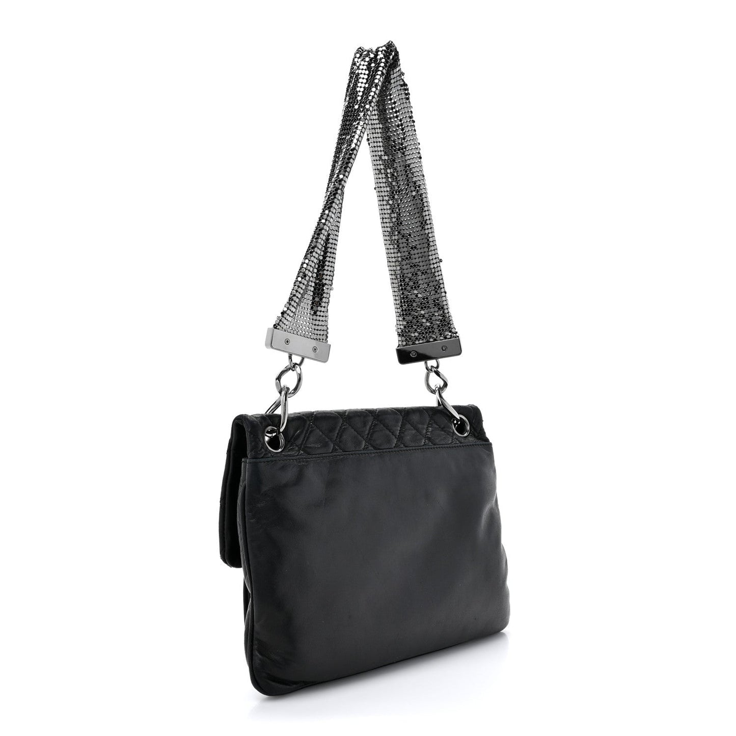 Lambskin Quilted Chain Mail Shoulder Bag Black