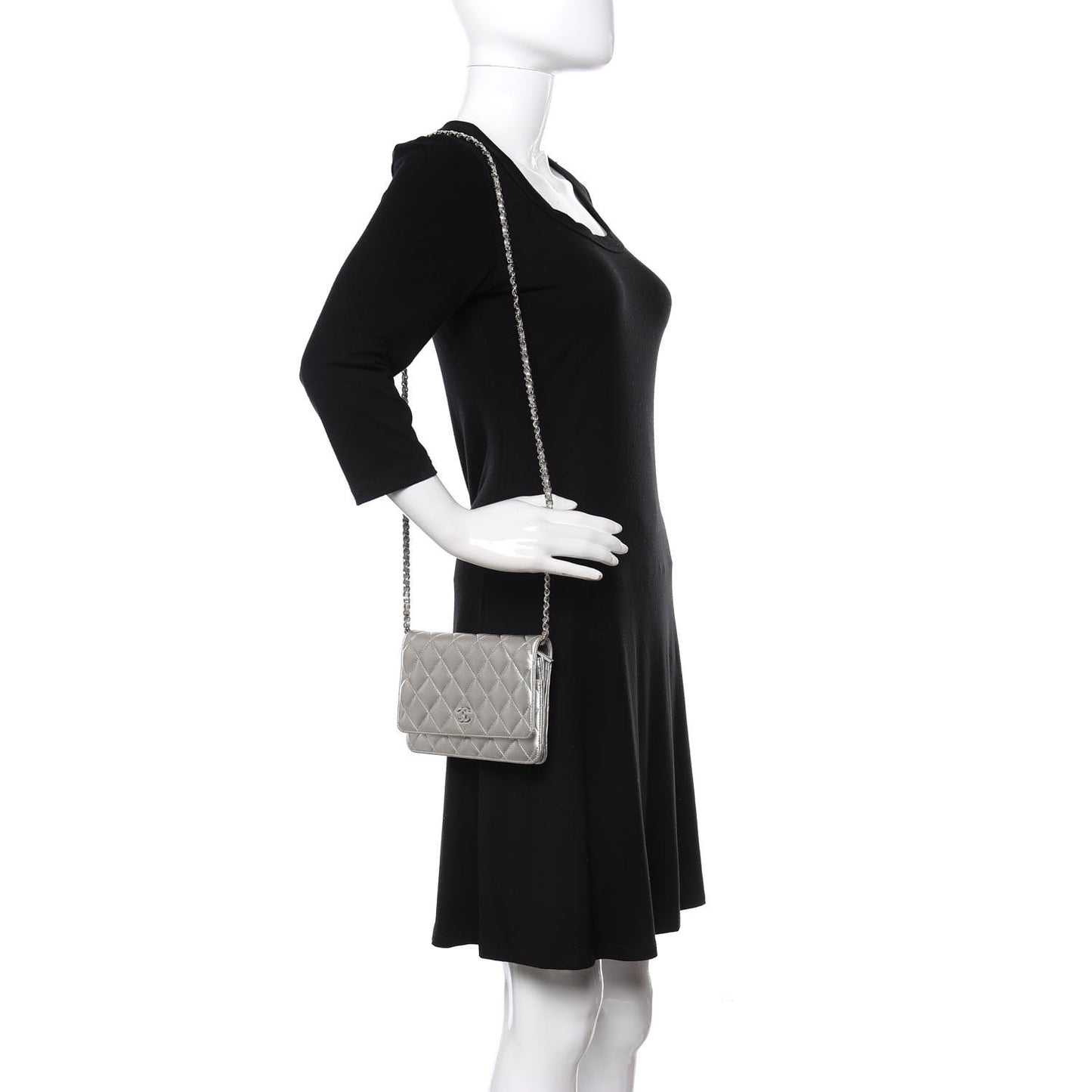 Metallic Lambskin Quilted Wallet On Chain WOC Silver