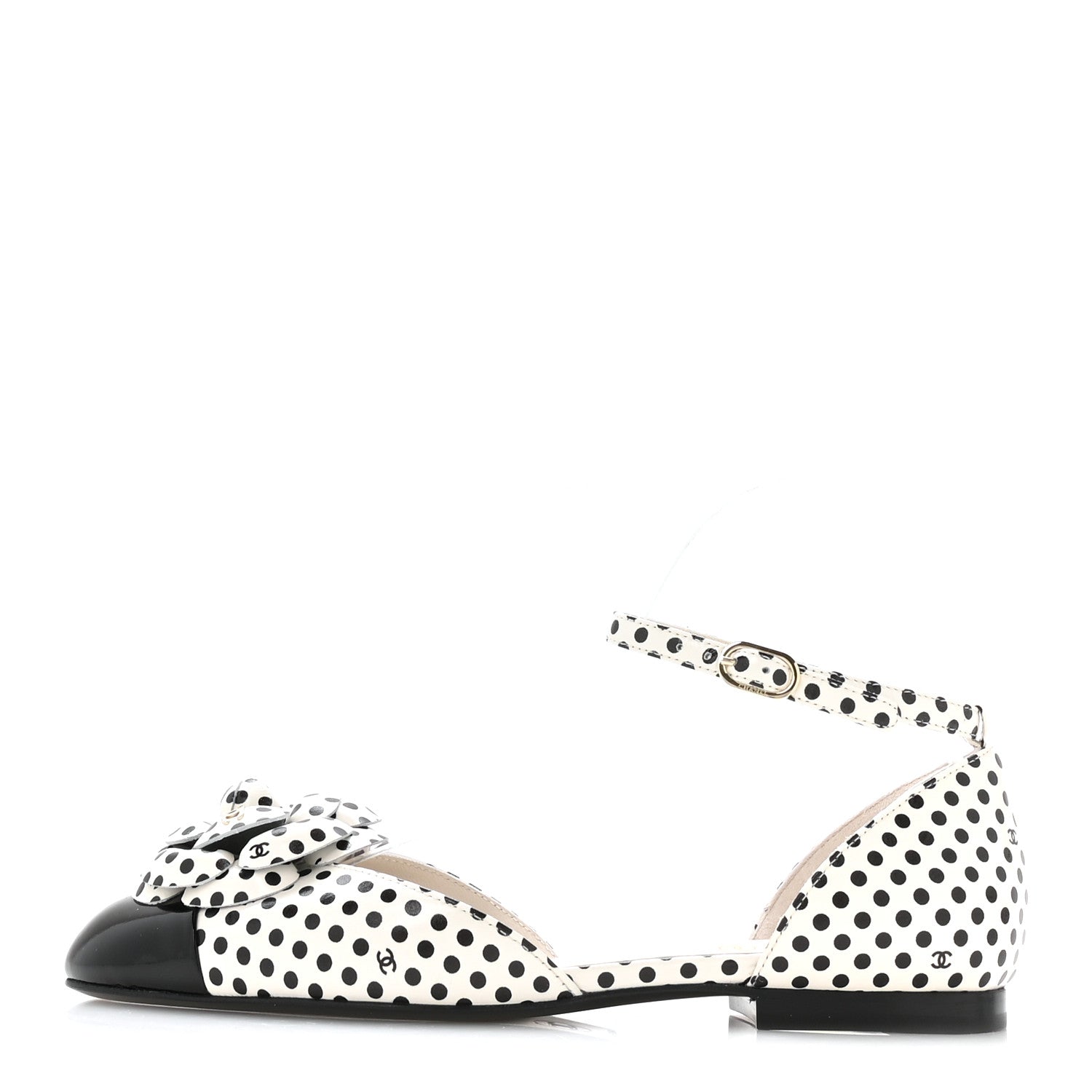 Chanel Calfskin Printed Patent Cap Toe Polka Dot Camellia Mary