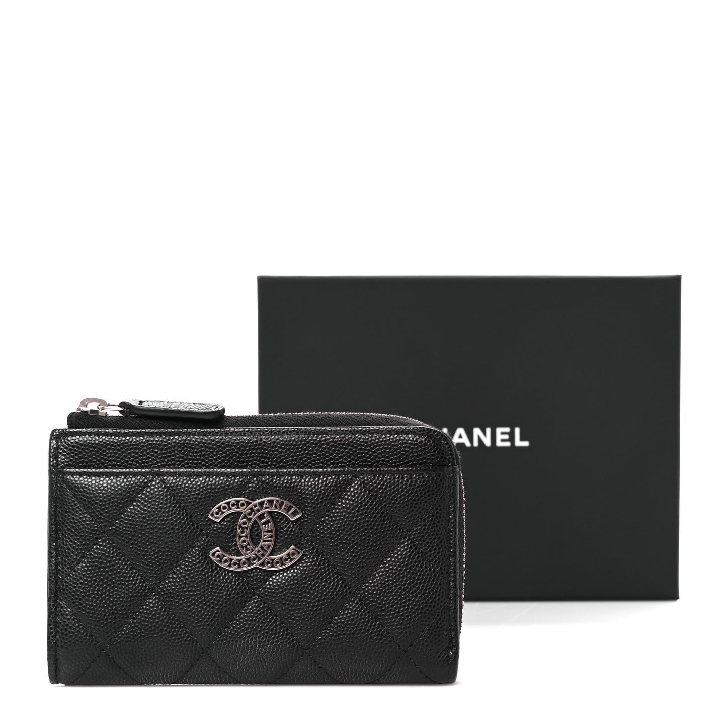 Caviar Quilted CC Logo Zip Around Card Holder Black