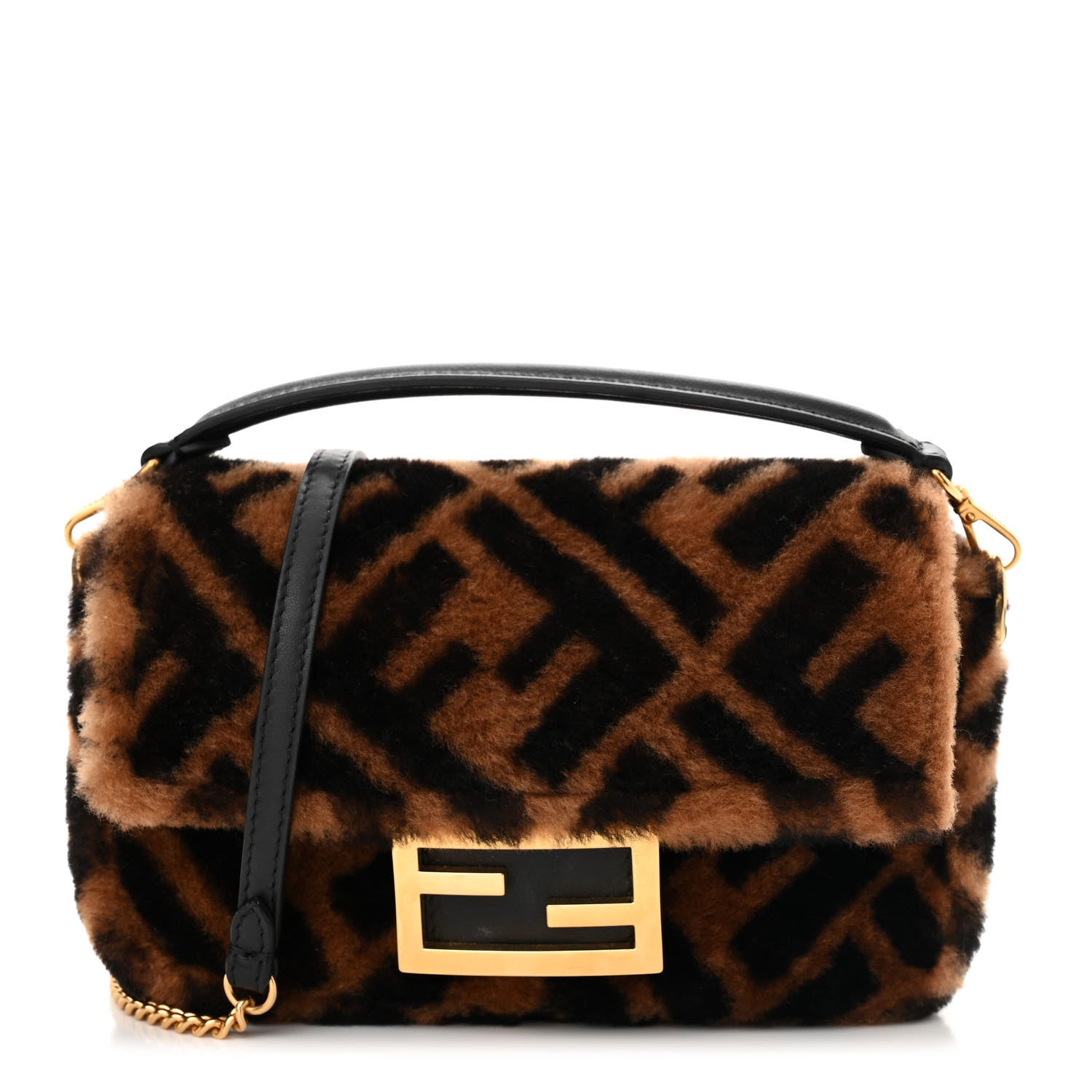Fendi Shearling Vitello Dolce Macro FF 1974 Mini Baguette Tobacco Black 1 of 11