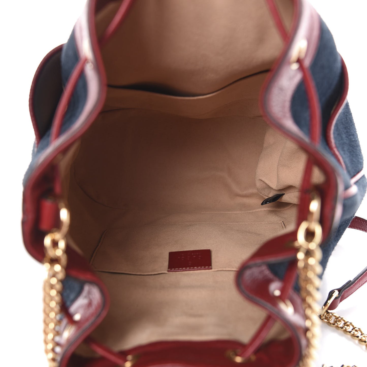 Suede Calfskin Web Medium Rajah Bucket Bag New Blue Romantic Cherry