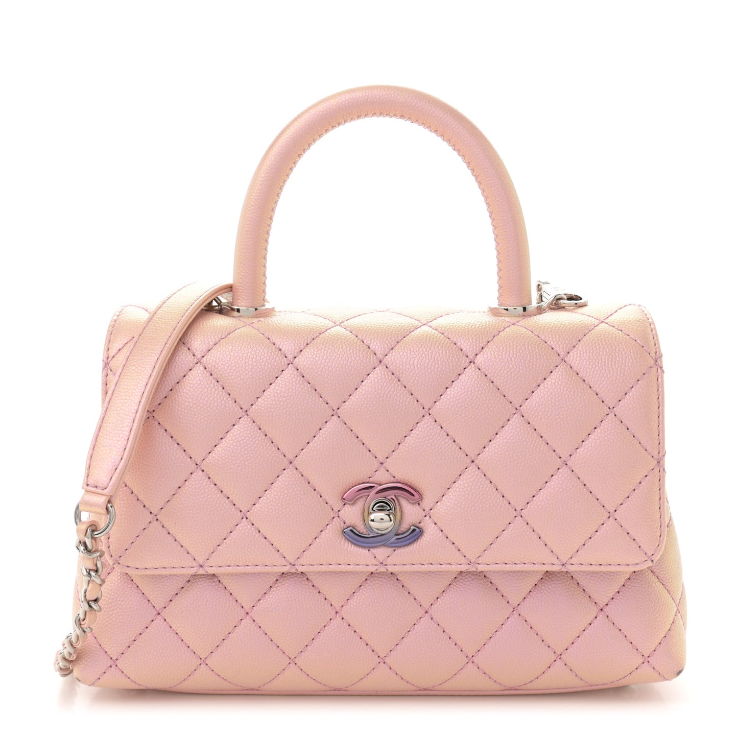 Iridescent Caviar Quilted Mini Coco Handle Flap Pink