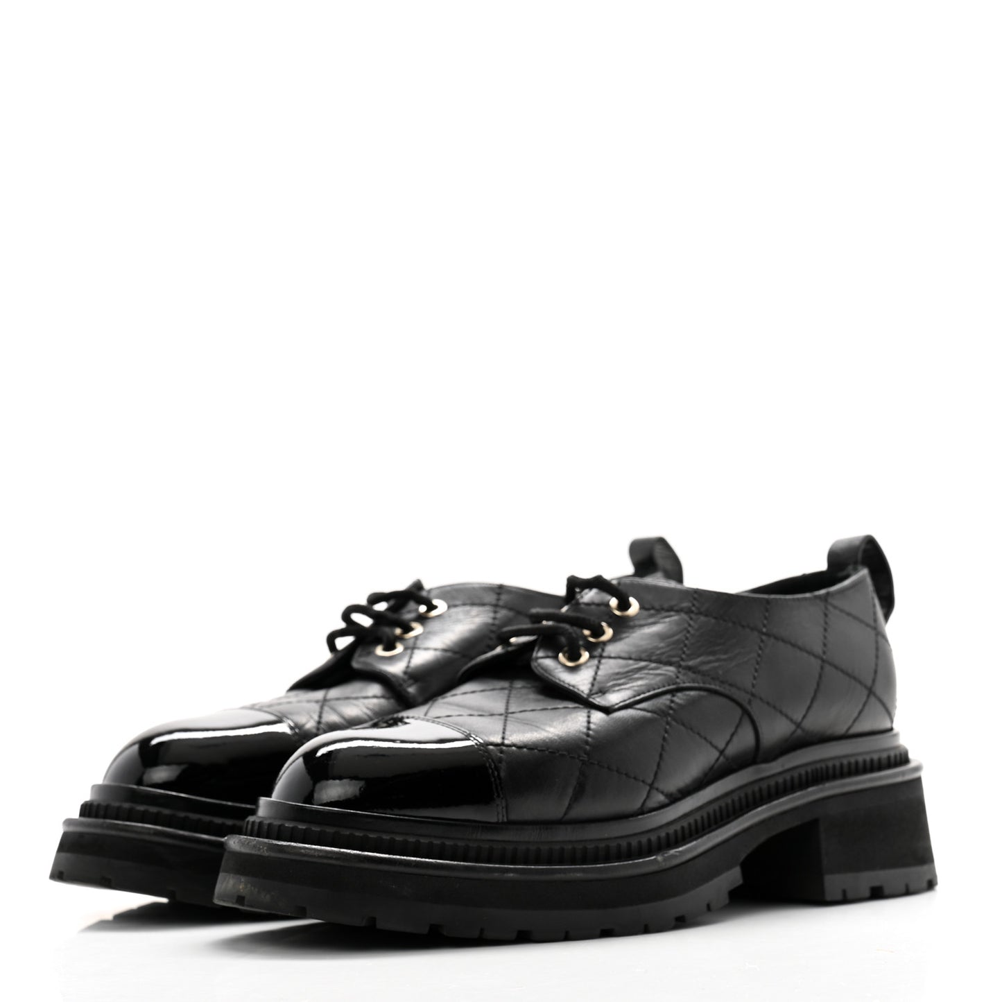 Calfskin Patent Stitched Cap Toe Lace Up Oxfords 37 Black