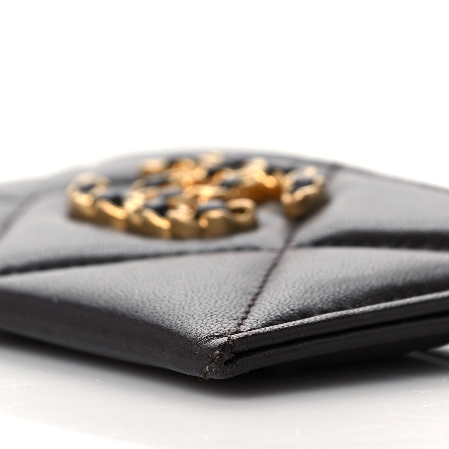 Lambskin Quilted Chanel 19 Card Holder Dark Brown