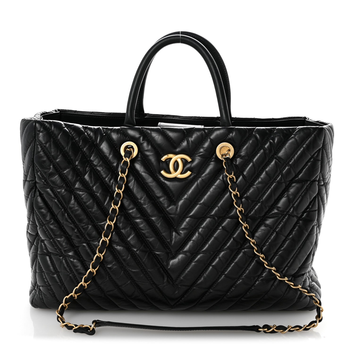 CHANELバッグ Chanel Aged Calfskin Chevron Large Coco Handle Shopping Tote Black