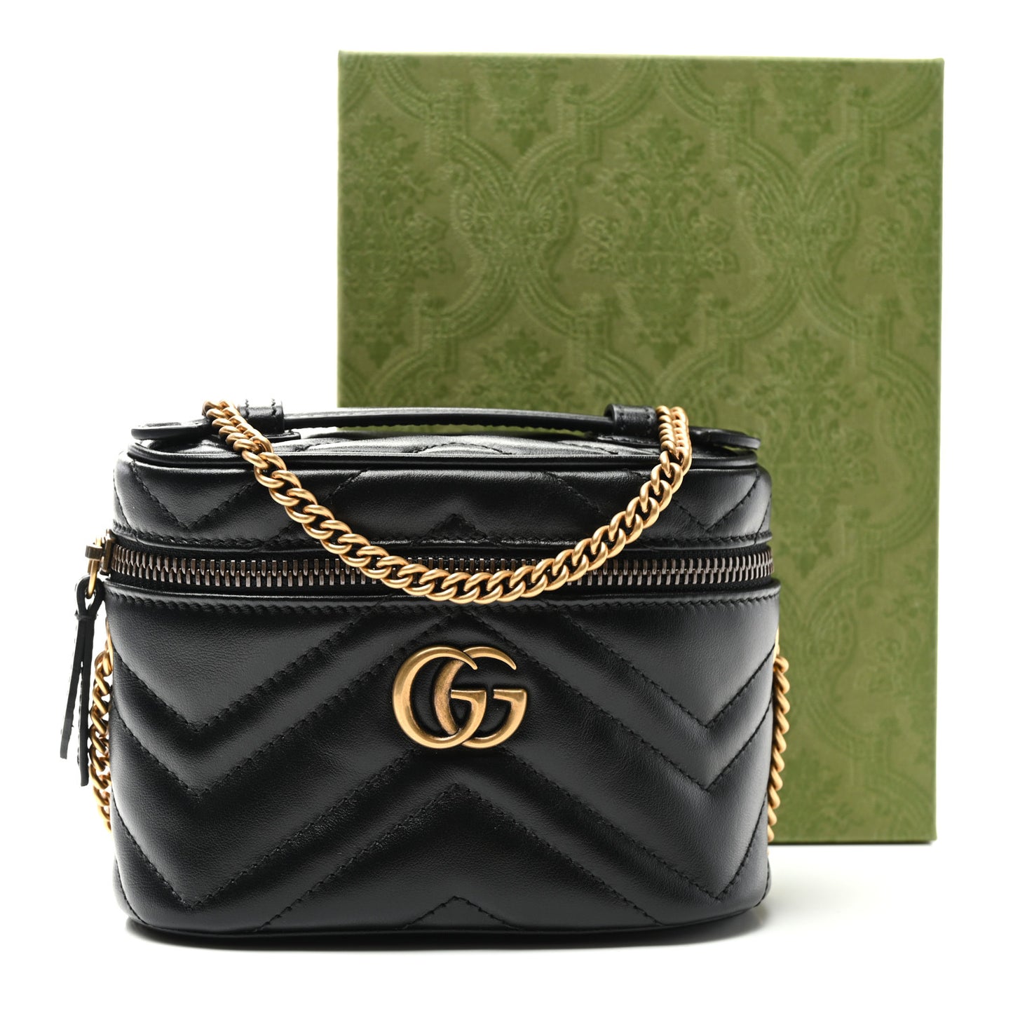 Calfskin Matelasse Chevron Mini GG Marmont Top Handle Bag Black