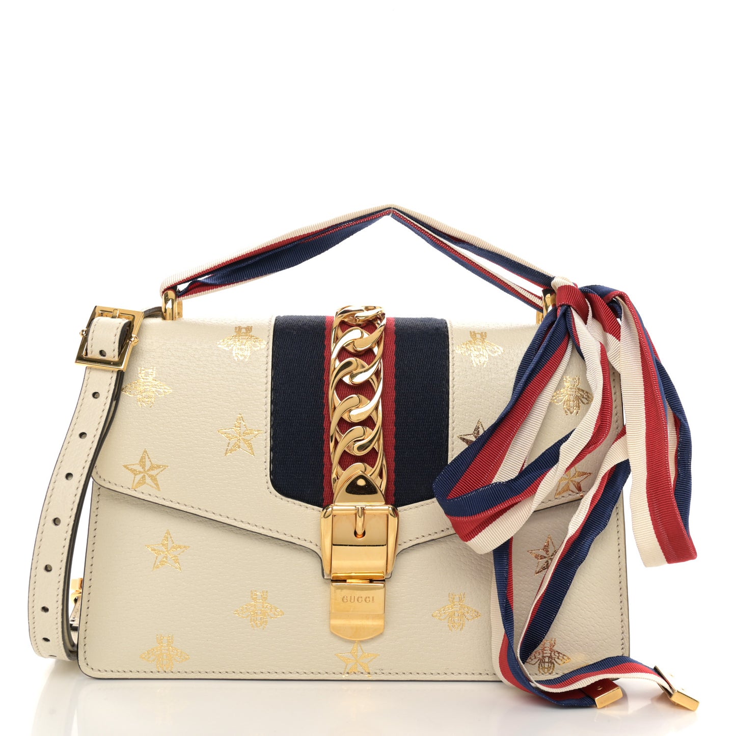 Textured Calfskin Bee Star Print Small Sylvie Shoulder Bag Mystic White
