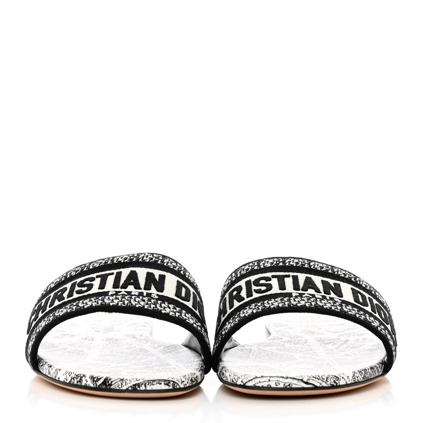Canvas Plan de Paris Embroidered Dway Flat Slide Sandals 40.5 Off White Black