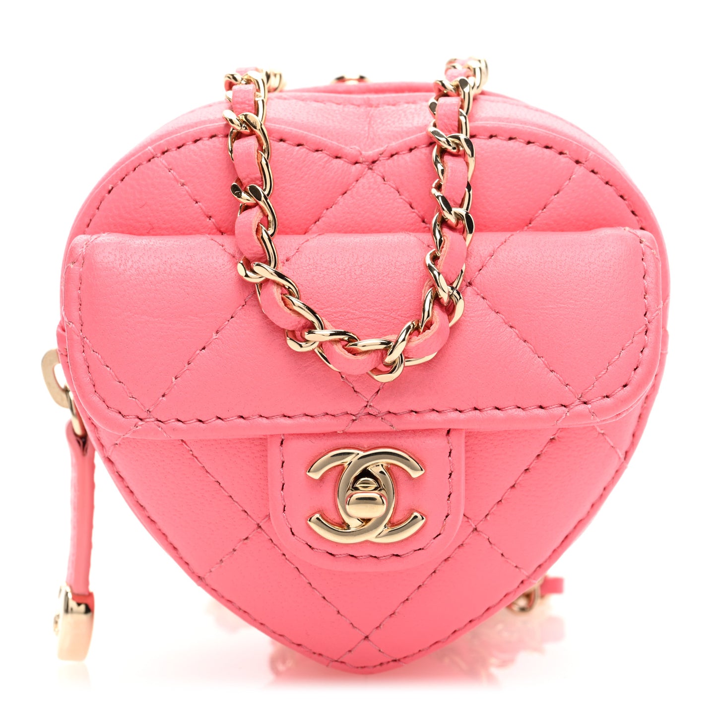 Lambskin Quilted CC In Love Heart Coin Purse With Chain Pink