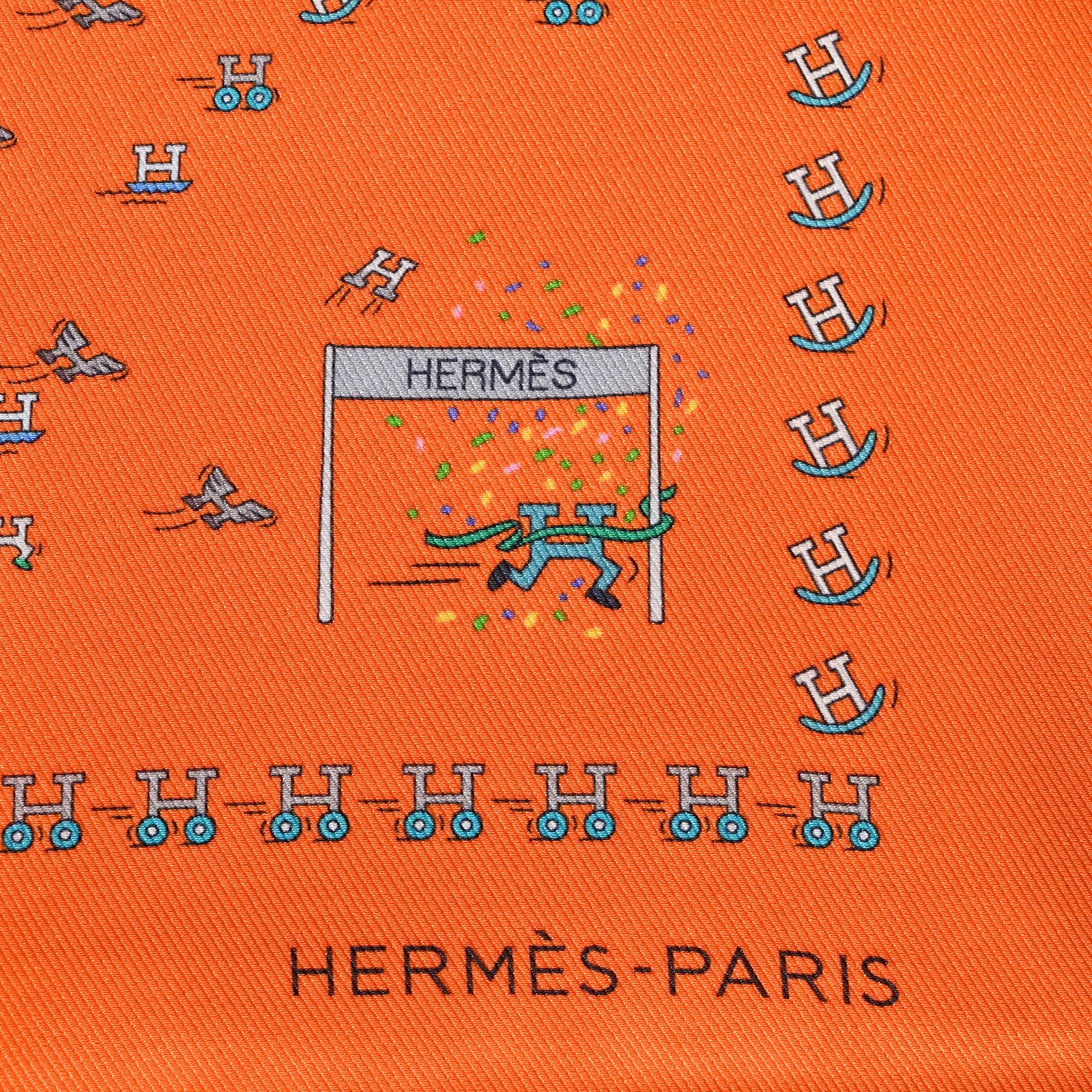 Silk H En Mouvement Pocket Square Scarf 45 Orange Turquoise Grey