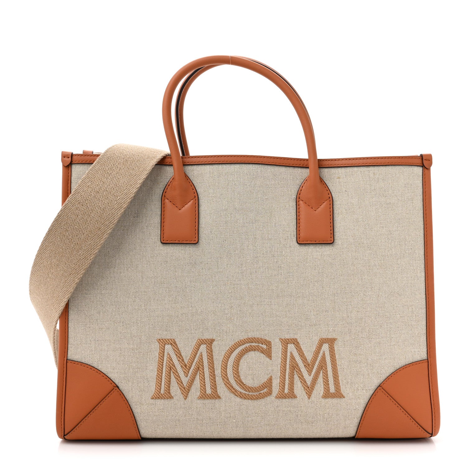 MCM Calfskin Linen Large Munchen Tote Cognac 1485343 – FASHIONPHILE
