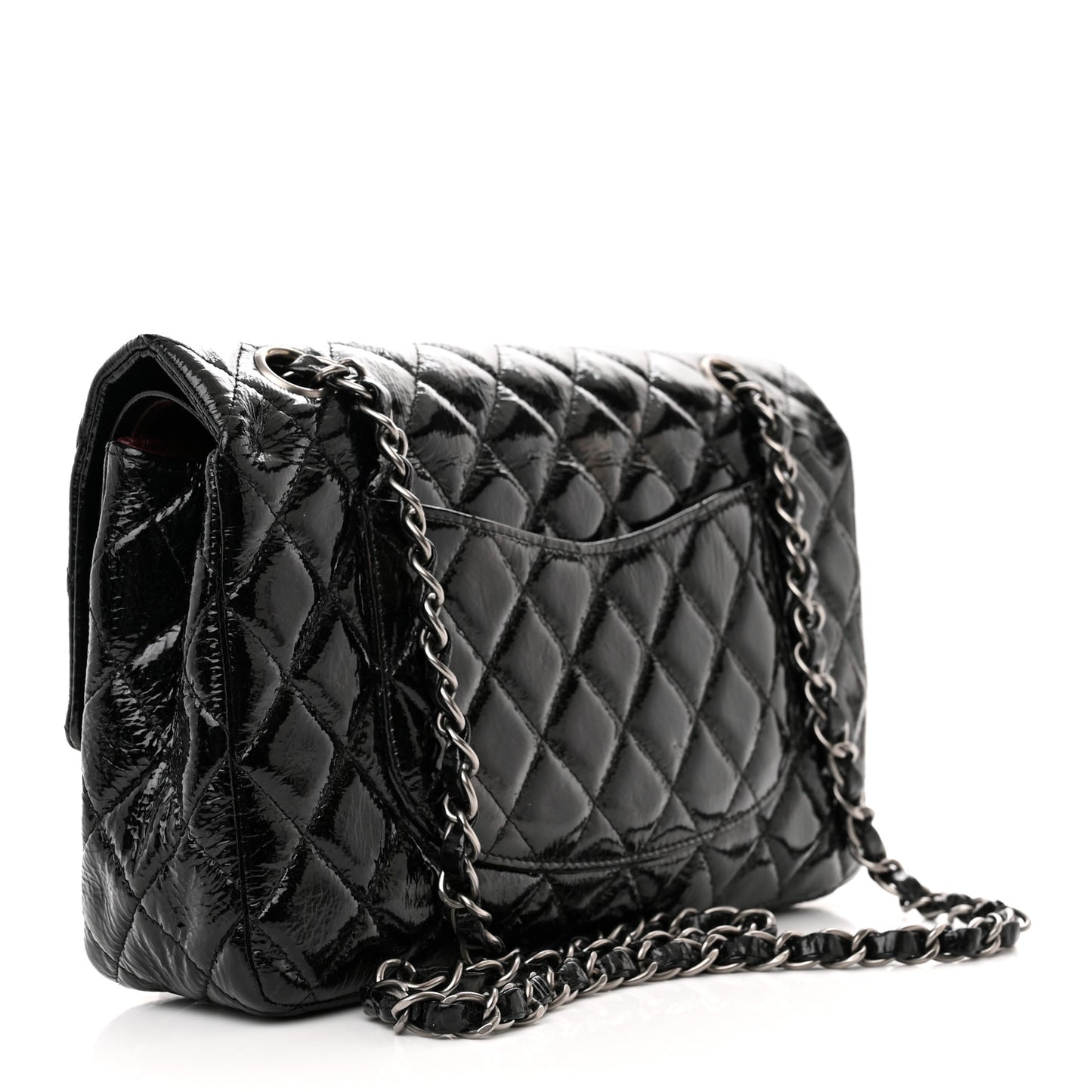 Distressed Patent Quilted Medium Double Flap Black
