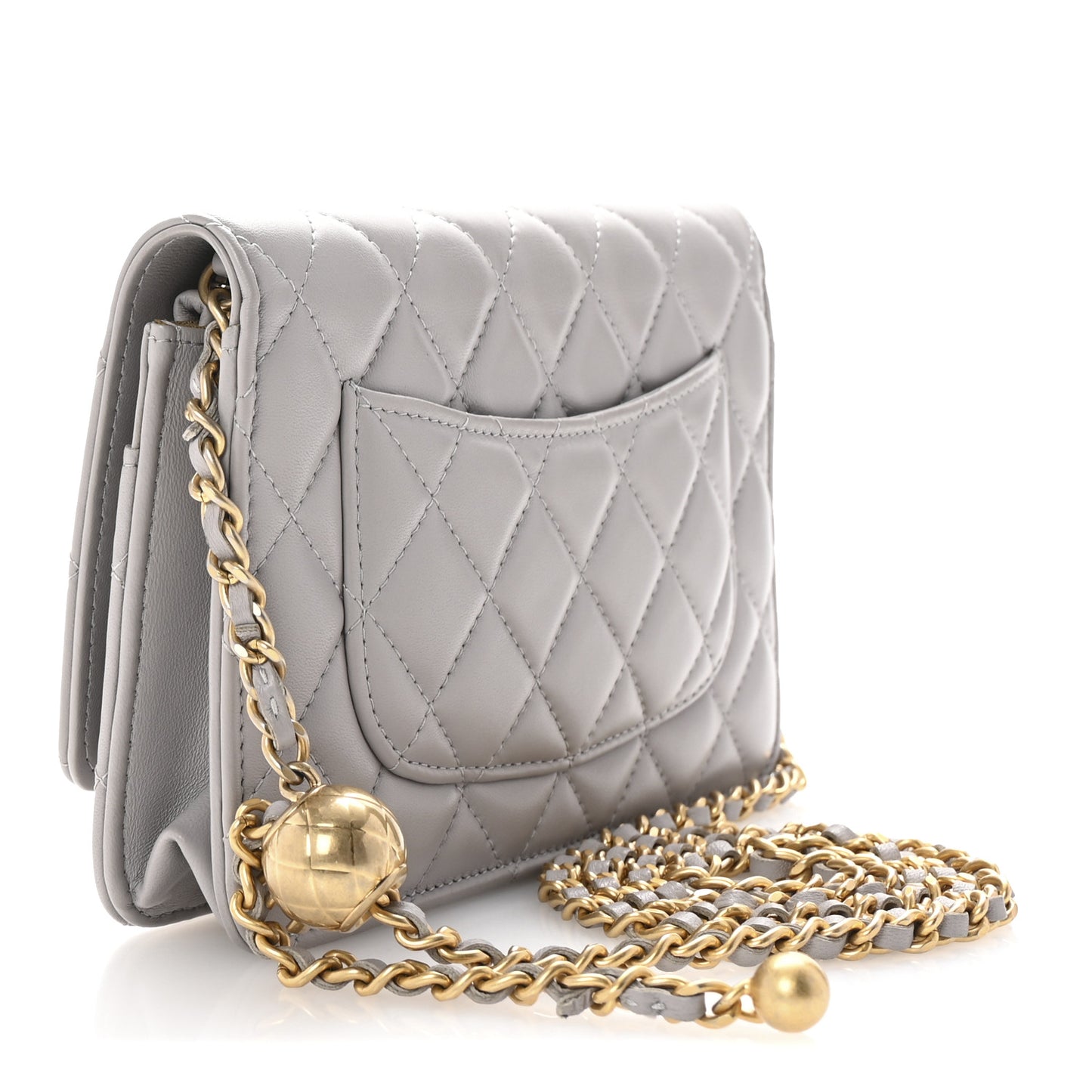 Lambskin Quilted CC Pearl Crush Wallet on Chain WOC Grey
