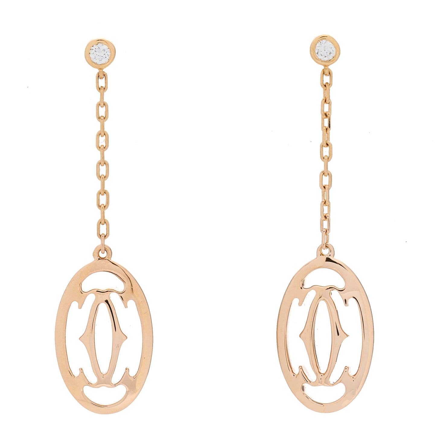 18K Pink Gold Diamond C De Cartier Logo Drop Earrings