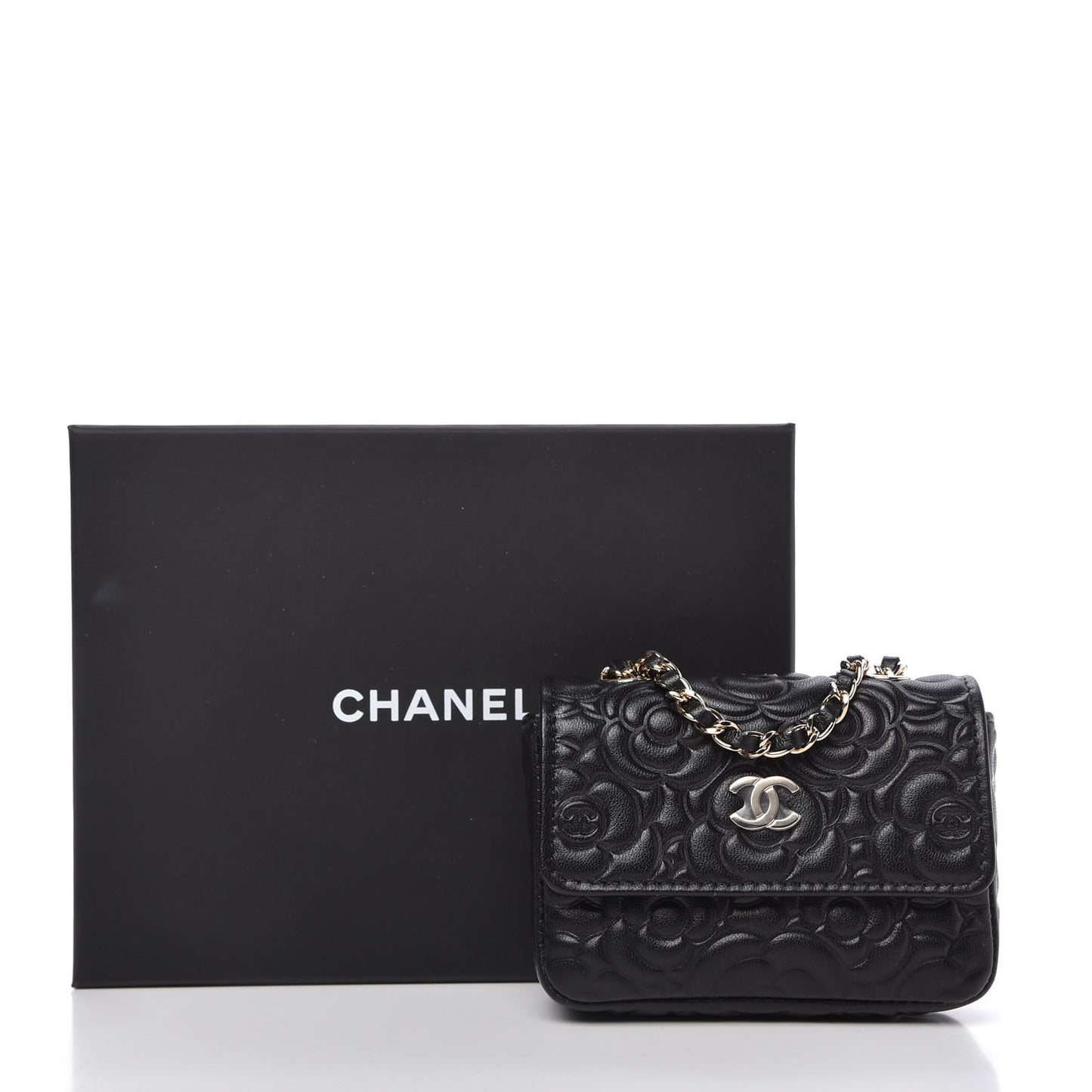 Lambskin Camellia Embossed Chain Belt Bag Black