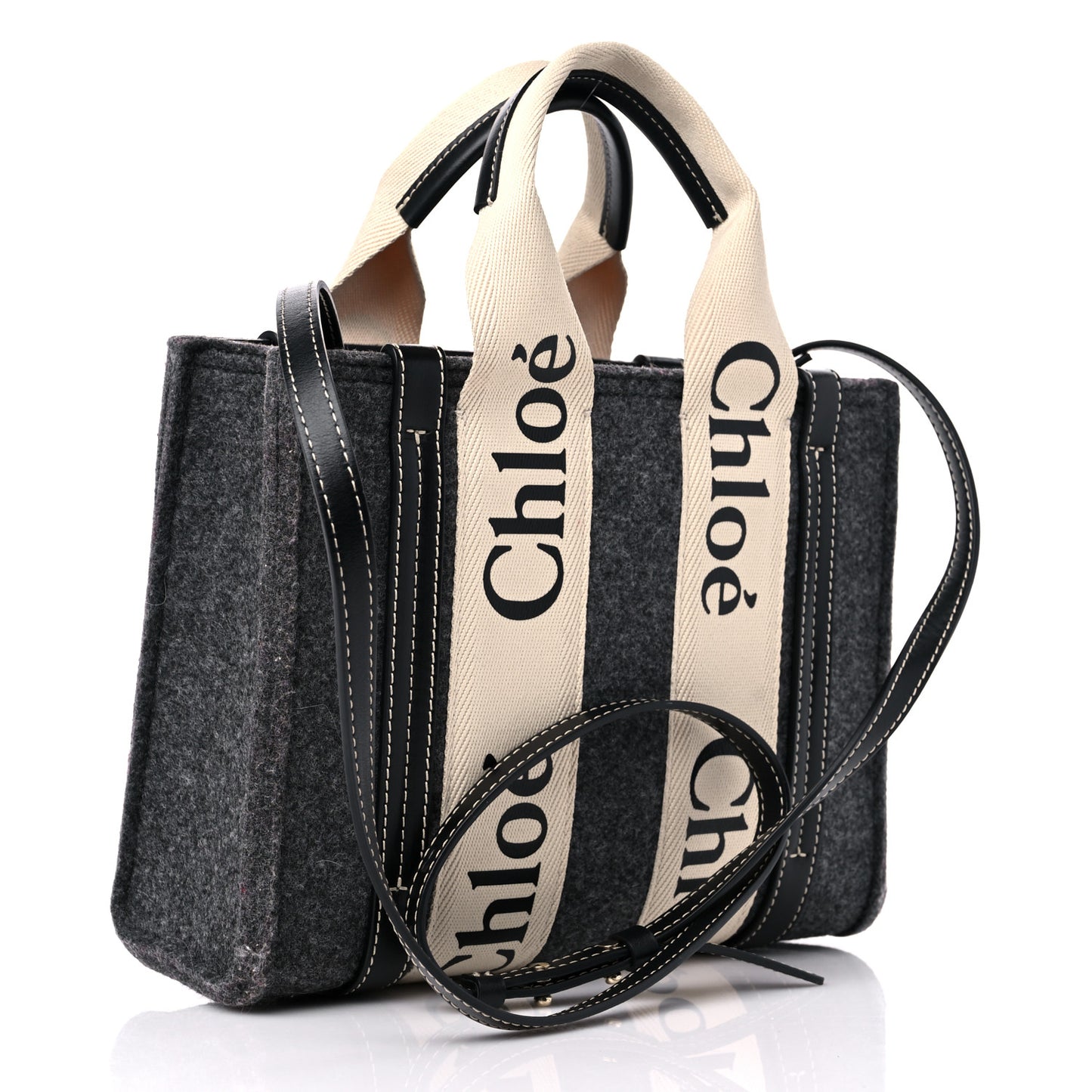 Felt Calfskin Small Woody Ribbon Tote With Strap Cashmere Grey