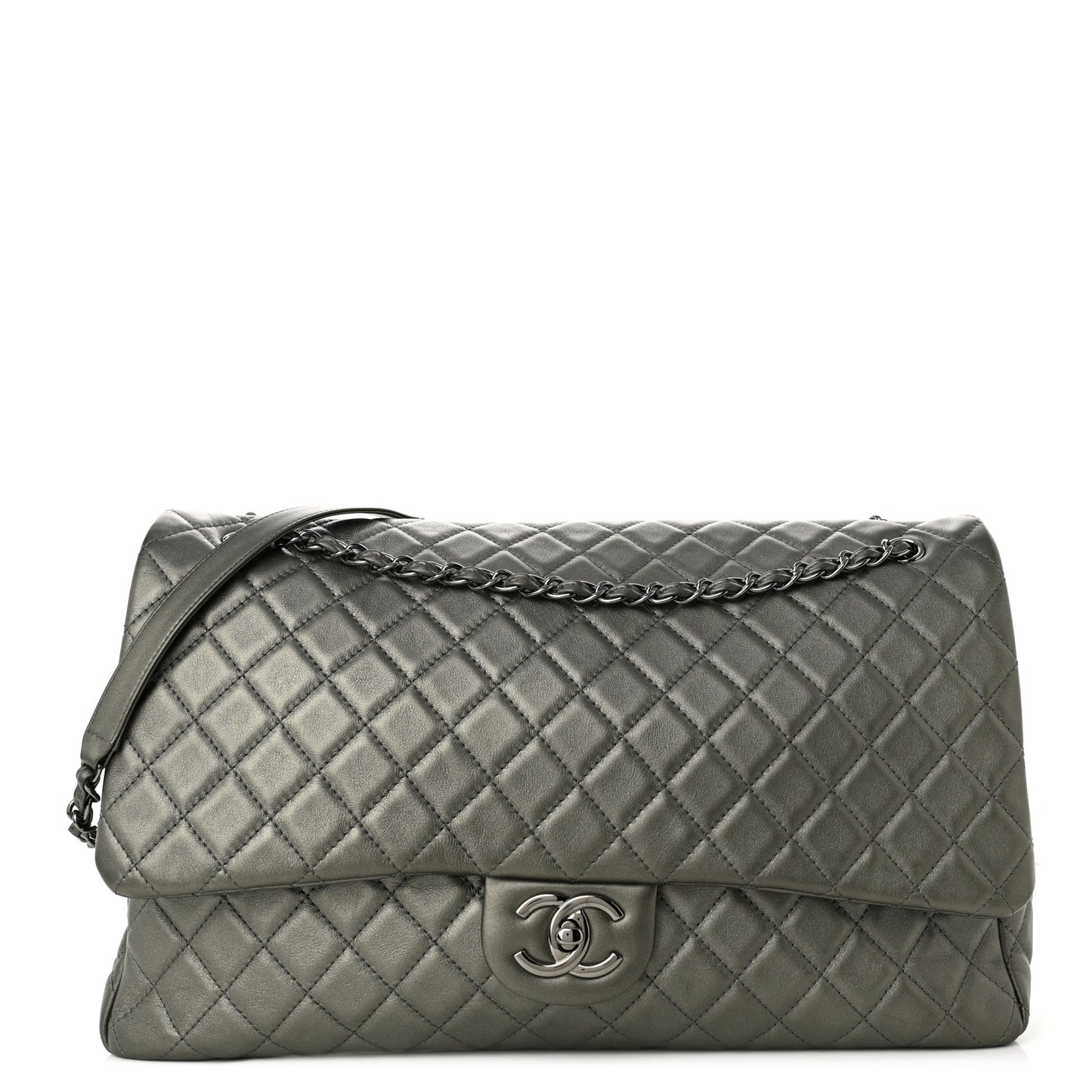 Metallic Calfskin Quilted XXL Travel Flap Bag Dark Silver
