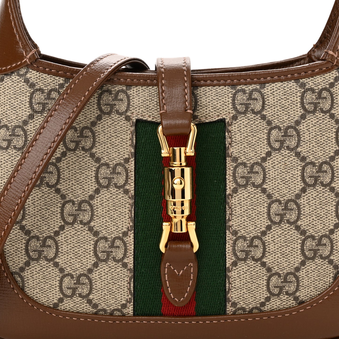 GG Supreme Monogram Azalea Calfskin Web Mini Jackie 1961 Hobo Beige Ebony Brown Sugar