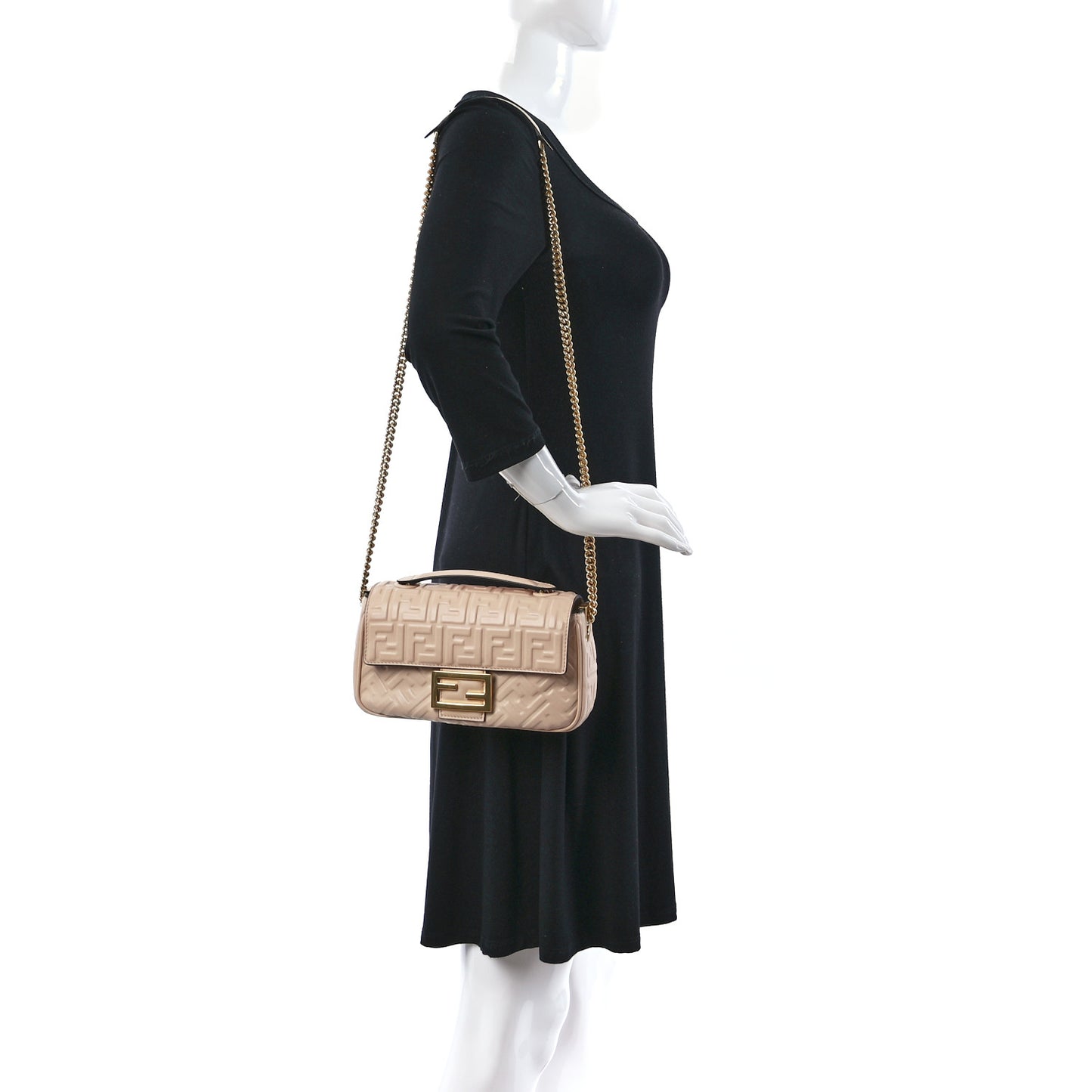Nappa Small FF Embossed Midi Chain Baguette Light Rose