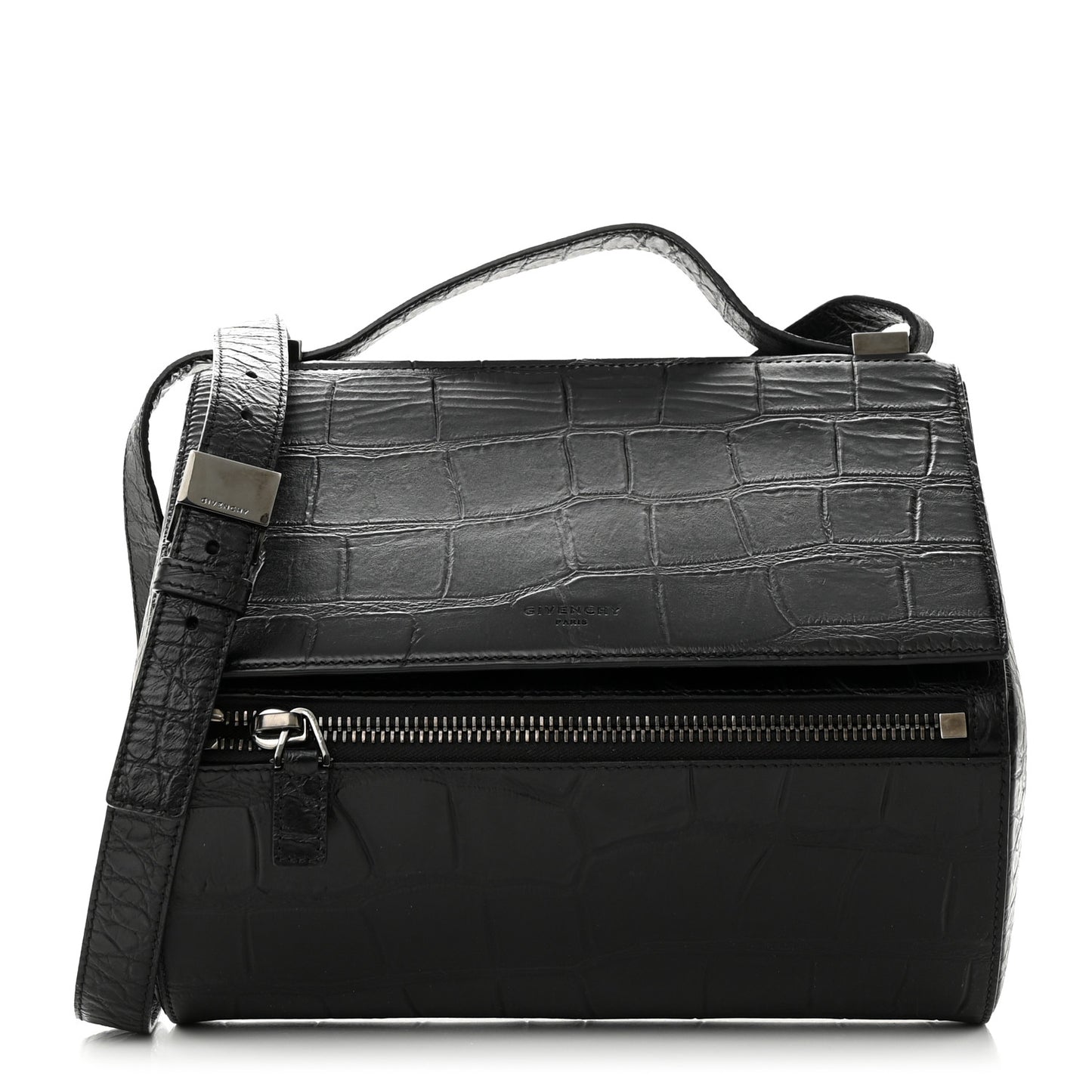 Calfskin Crocodile Embossed Medium Pandora Box Crossbody Bag Black