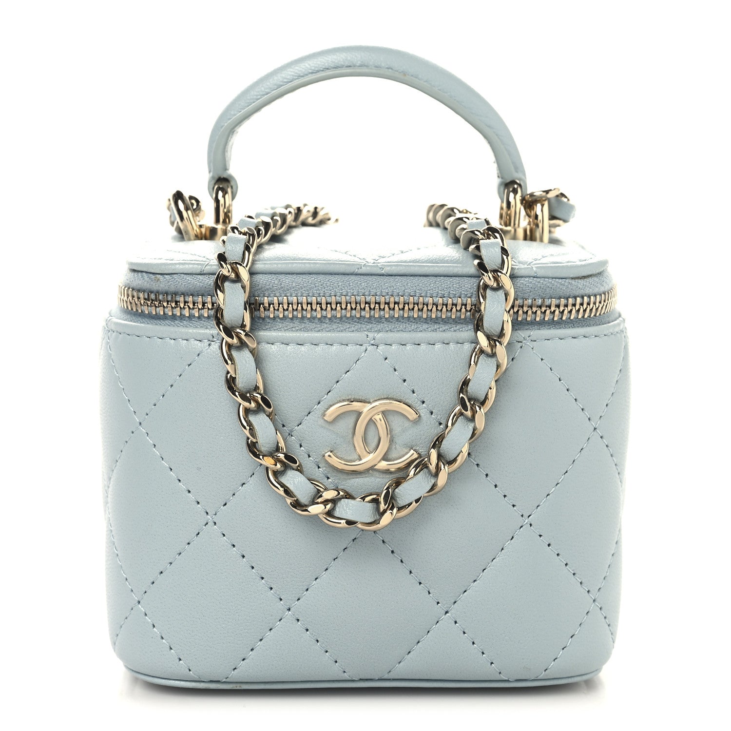 CHANEL ライトブルー ミニバニティーバッグ Chanel Lambskin Quilted Top Handle Mini Vanity Case With Chain