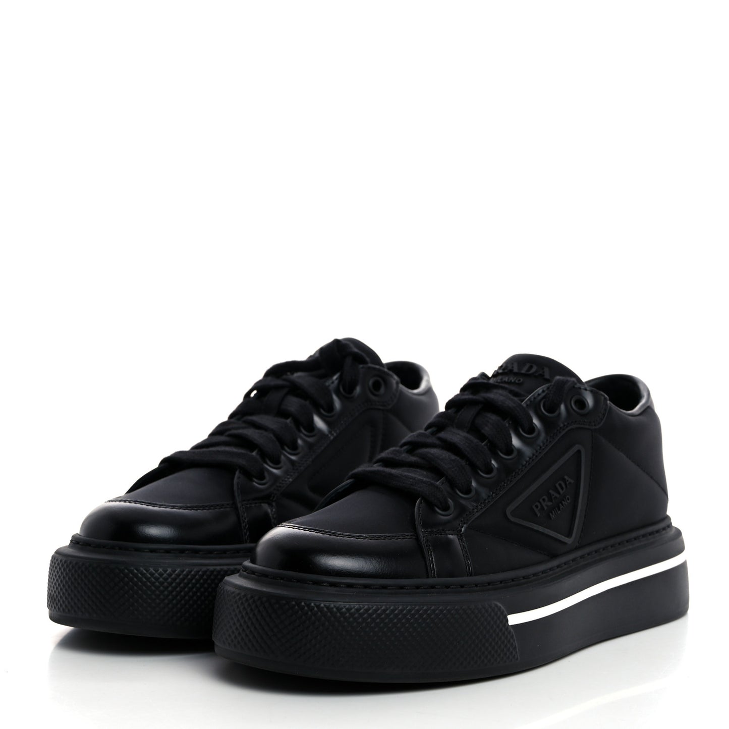 Re-Nylon Spazzolato Rubber Triangle Logo Macro Quilted Womens 45mm Platform Sneakers 37 Black