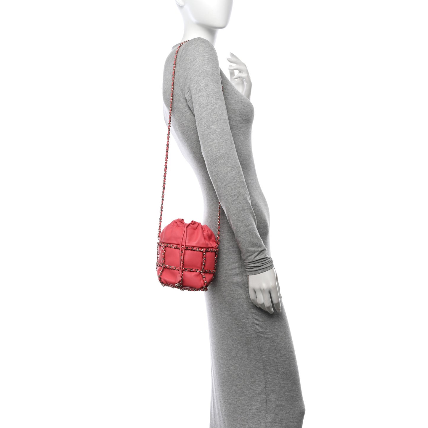 Lambskin Bucket Chain Drawstring Bag Pink
