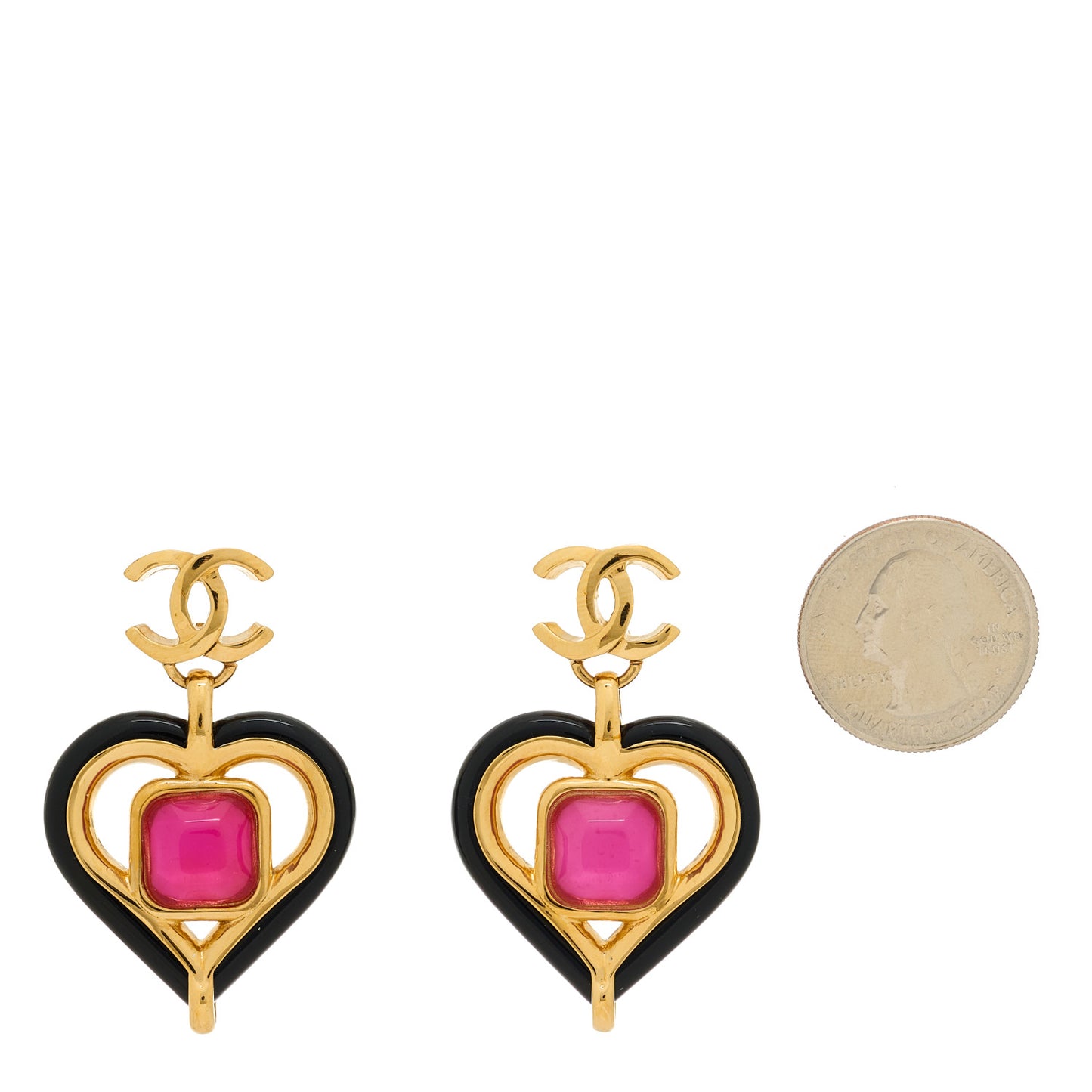 Resin Heart CC Drop Earrings Black Pink Gold