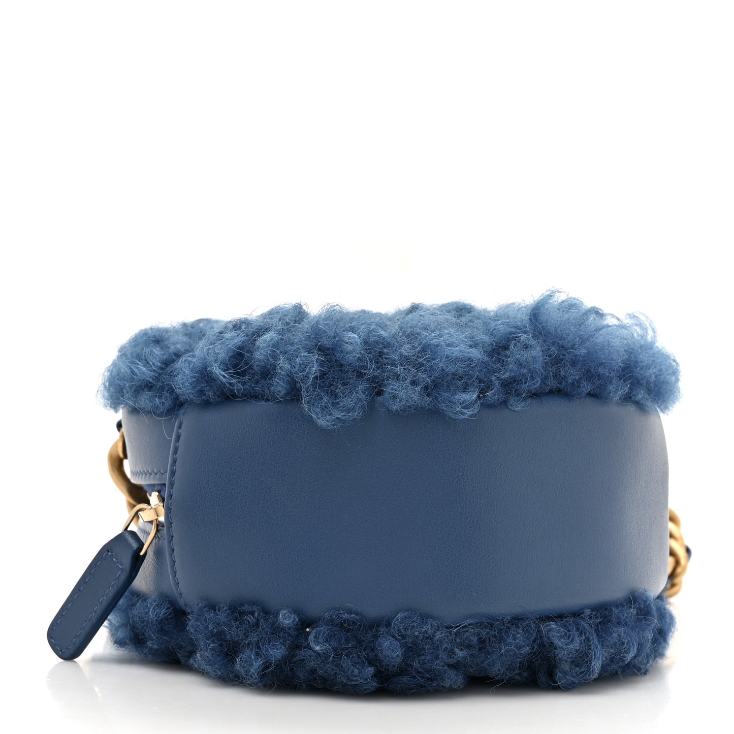 Shearling Sheepskin Chanel 19 Round Clutch With Chain Blue