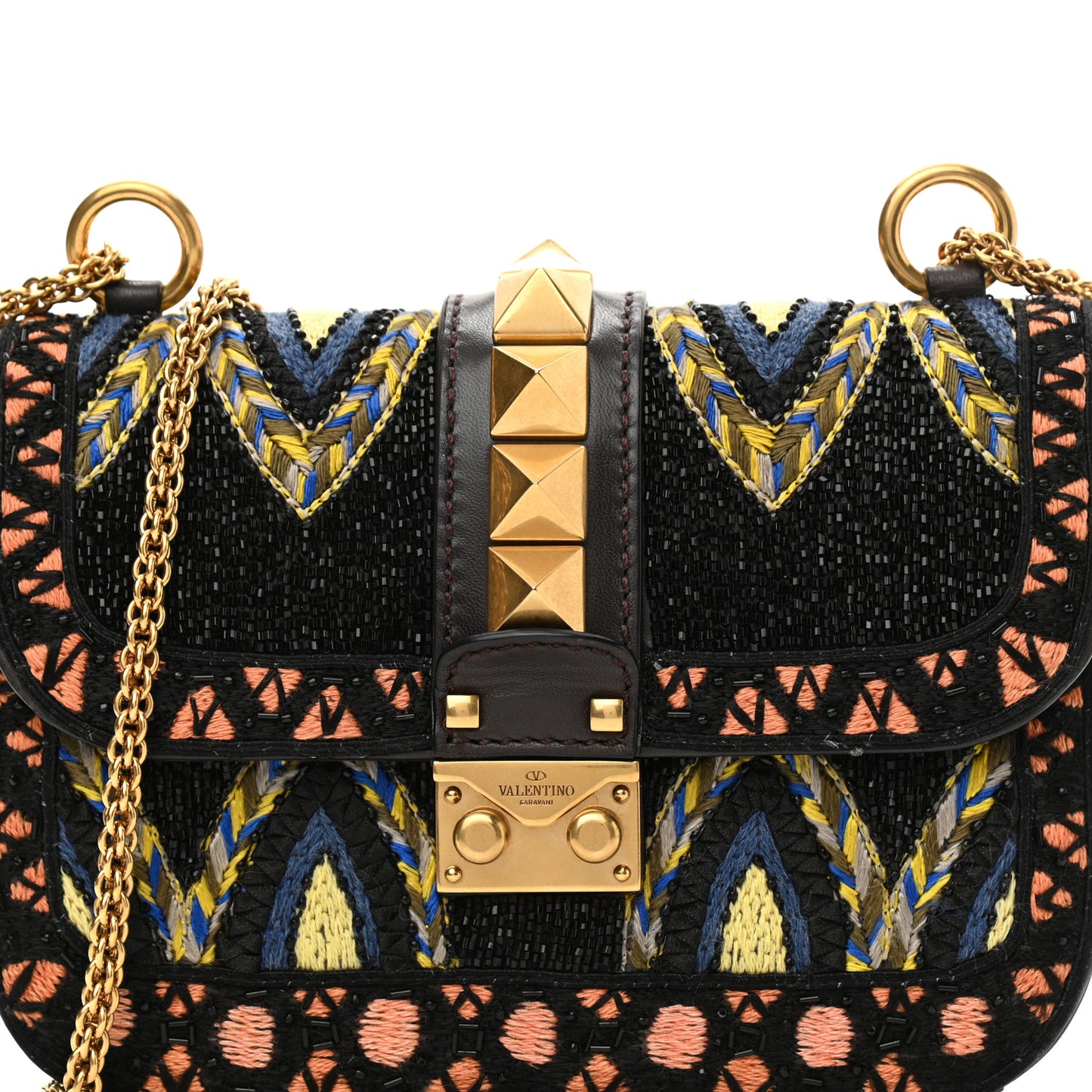 Vitello Beaded Small Glam Lock Rockstud Flap Black Multicolor