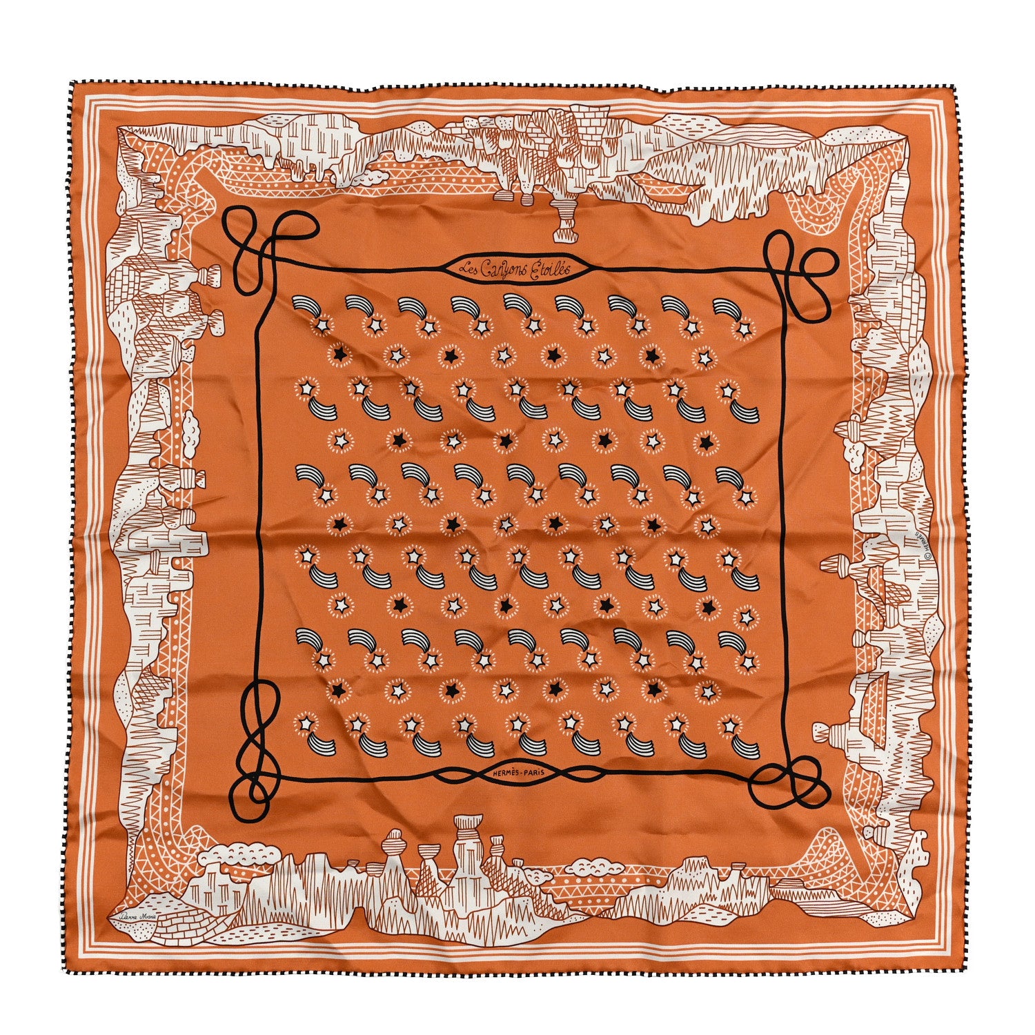 Hermes Silk Les Canyons Etoiles Bandana Scarf 55 Orange Brulee