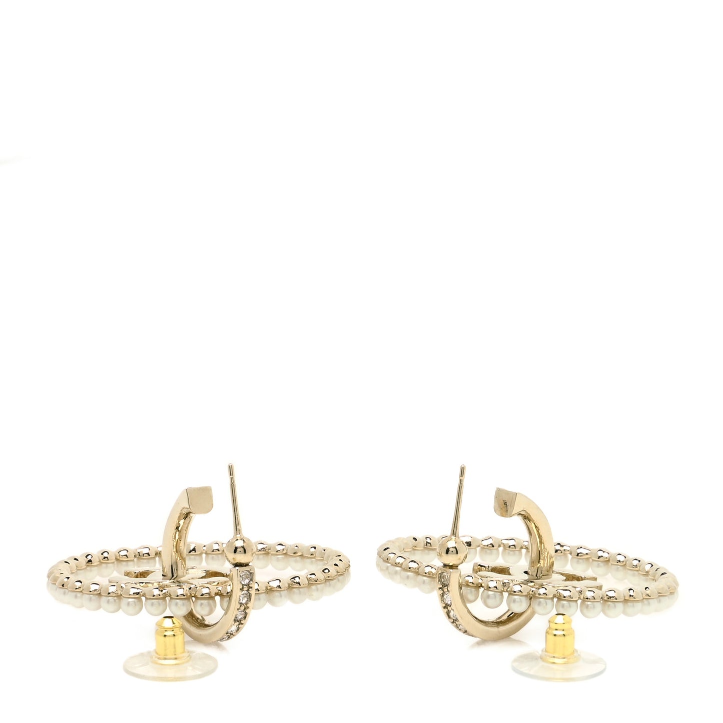 Crystal Pearl CC Door Knocker Hoop Earrings Gold Pearly White