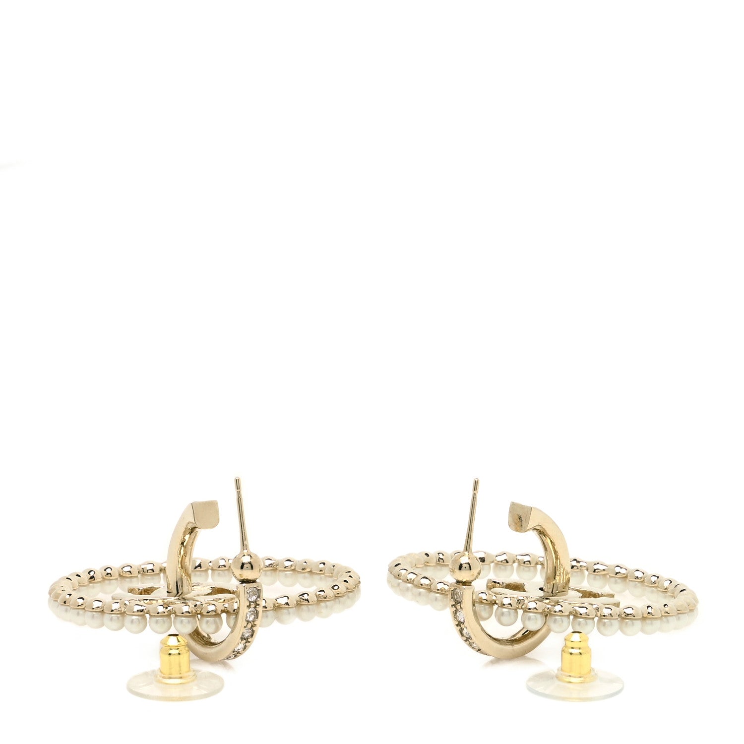 Chanel Crystal Pearl CC Door Knocker Hoop Earrings Gold Pearly White 3 of 4
