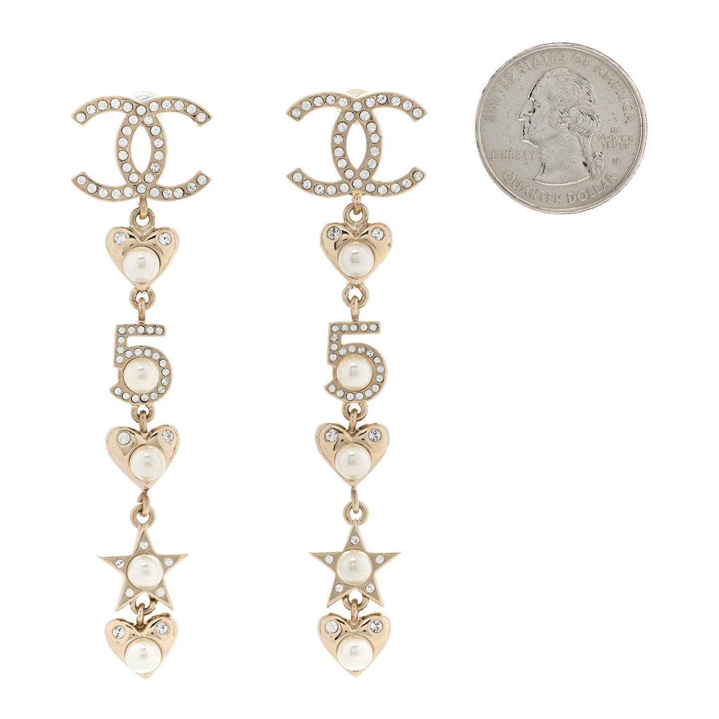 Crystal Pearl Charming Winter CC Star Heart Drop Earrings Gold