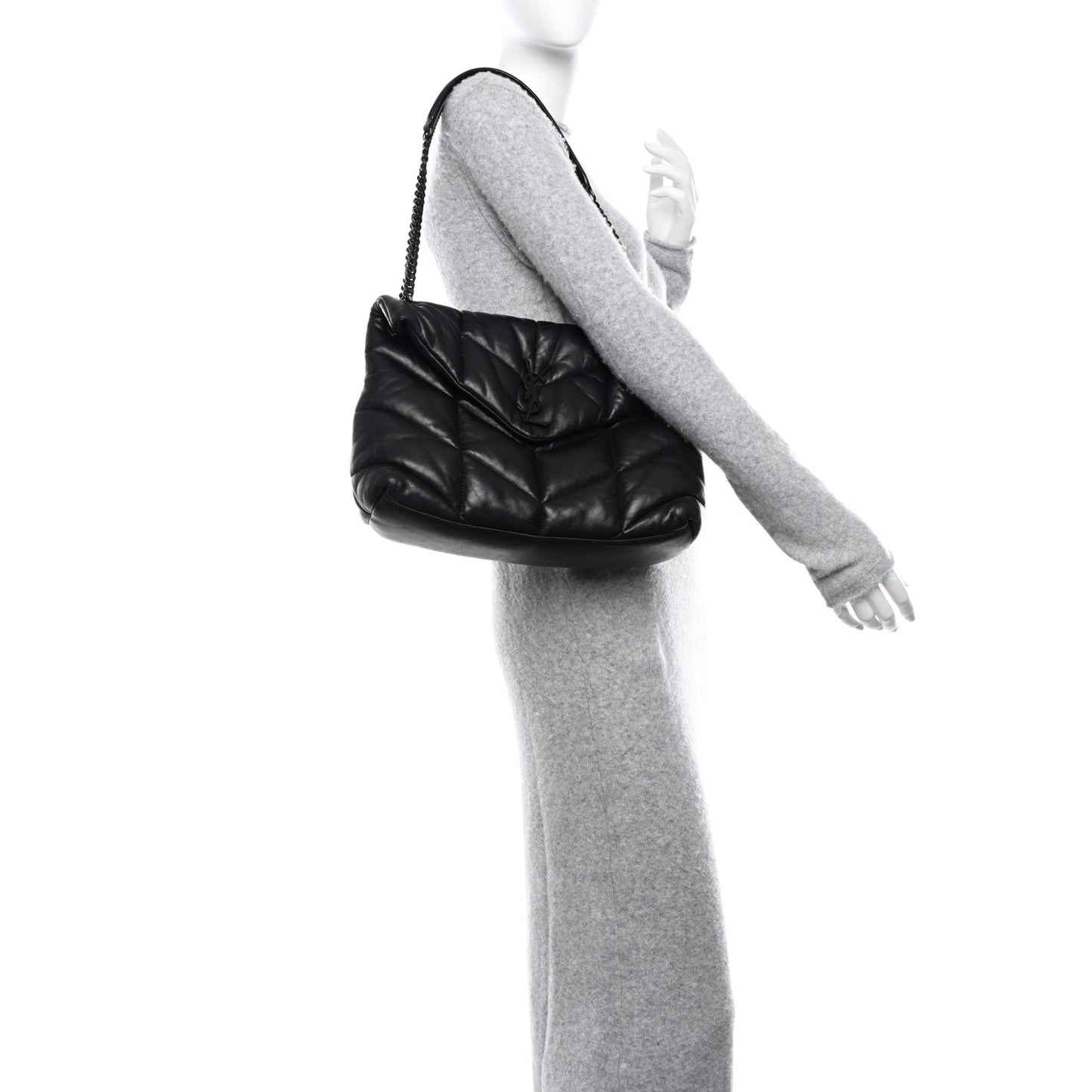 Lambskin Quilted Monogram Monochrome Medium Loulou Puffer Chain Satchel Black