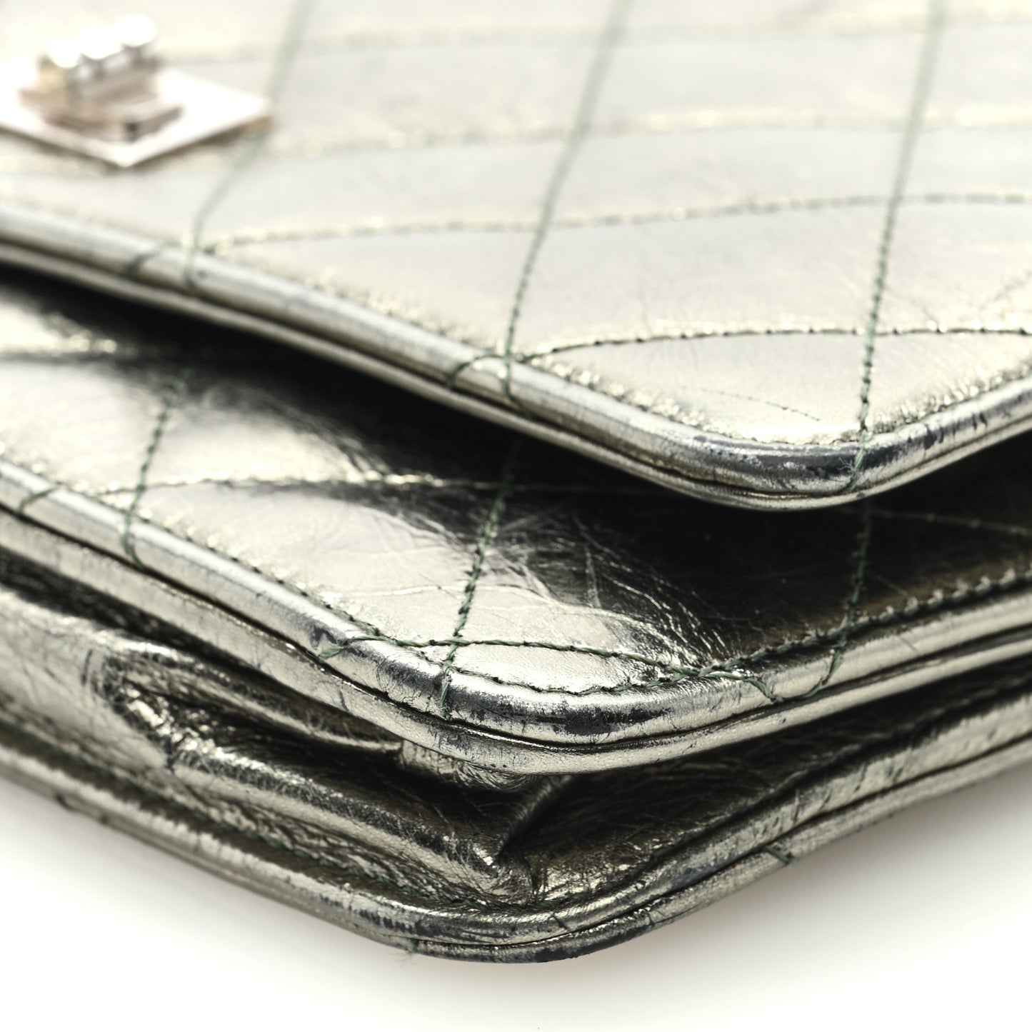 Metallic Aged Calfskin Quilted 2.55 Reissue Wallet On Chain WOC Green
