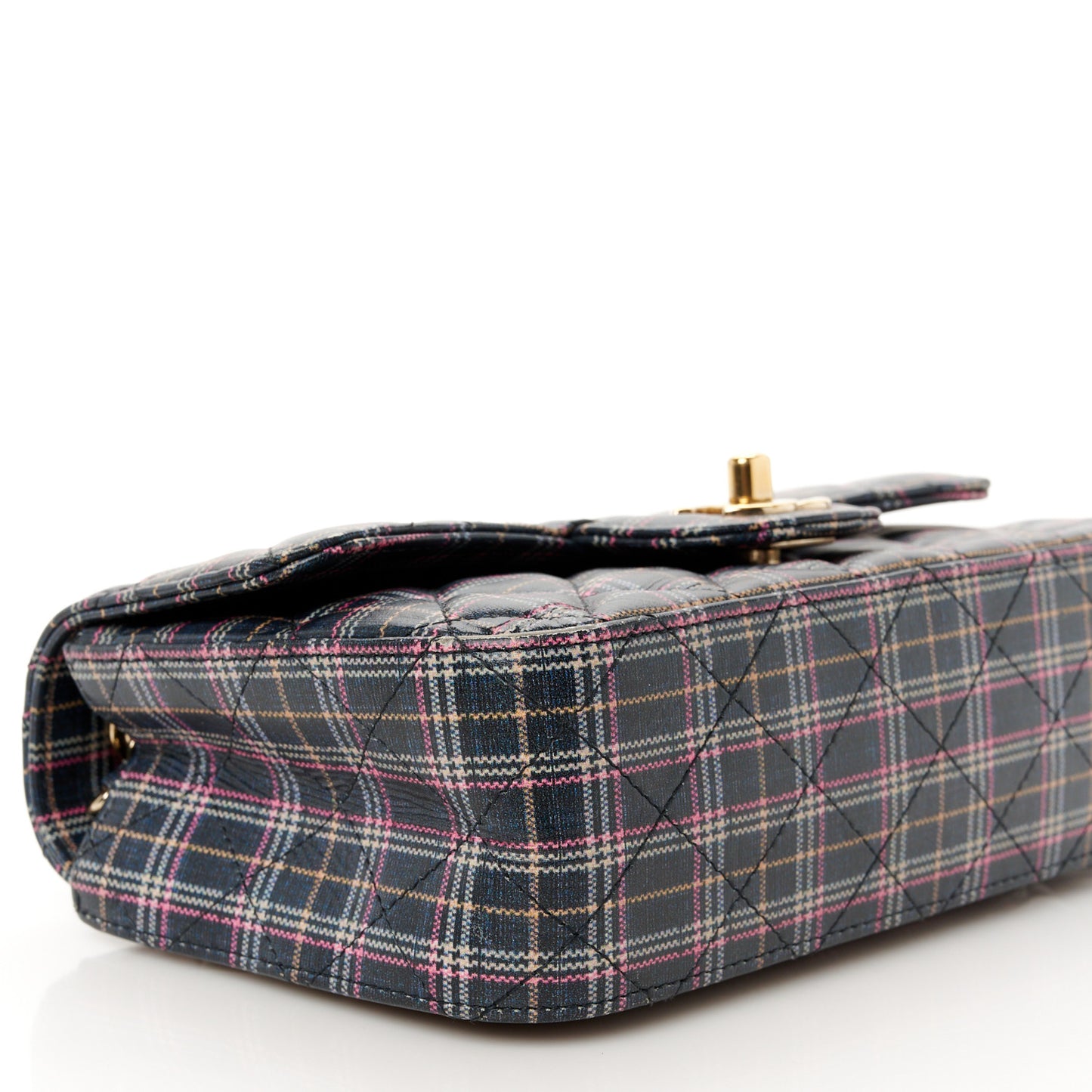 Calfskin Quilted Plaid Printed Small Single Flap Navy Multicolor