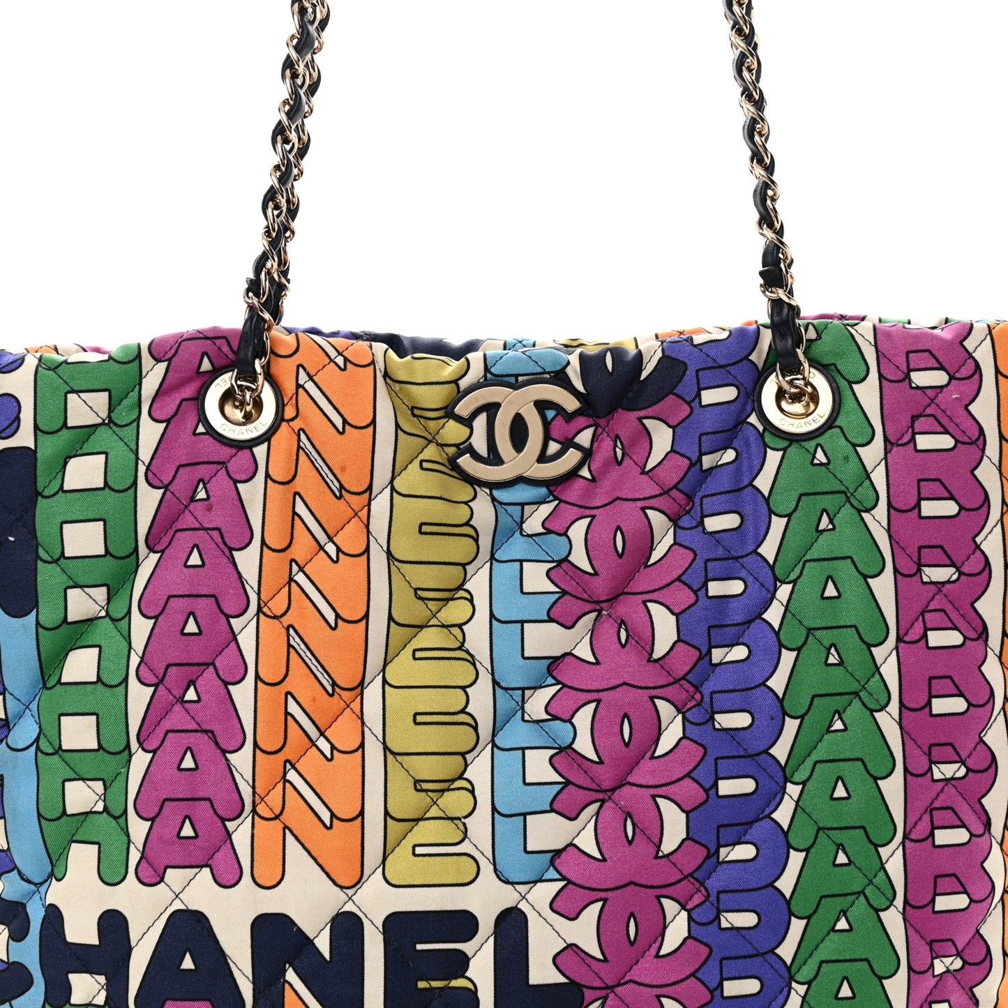 Printed Fabric Quilted Logo Large Shopping Tote Multicolor