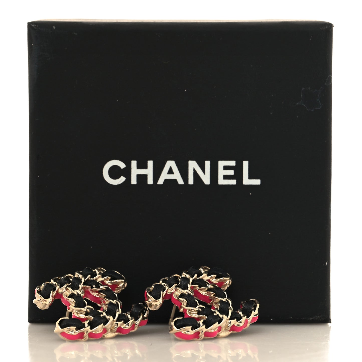 Lambskin CC Chain Earrings Black Gold Pink