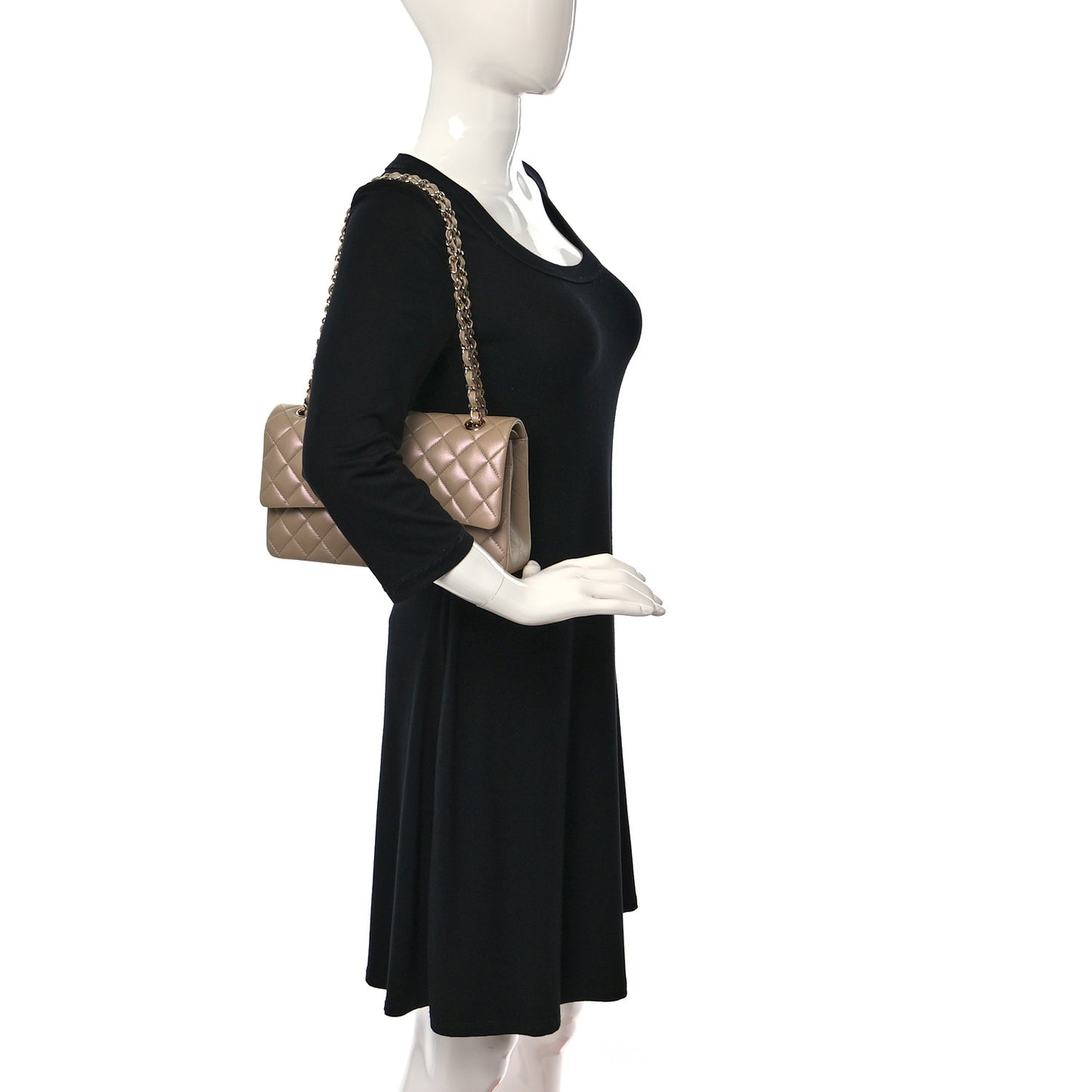 Iridescent Caviar Quilted Medium Double Flap Dark Beige