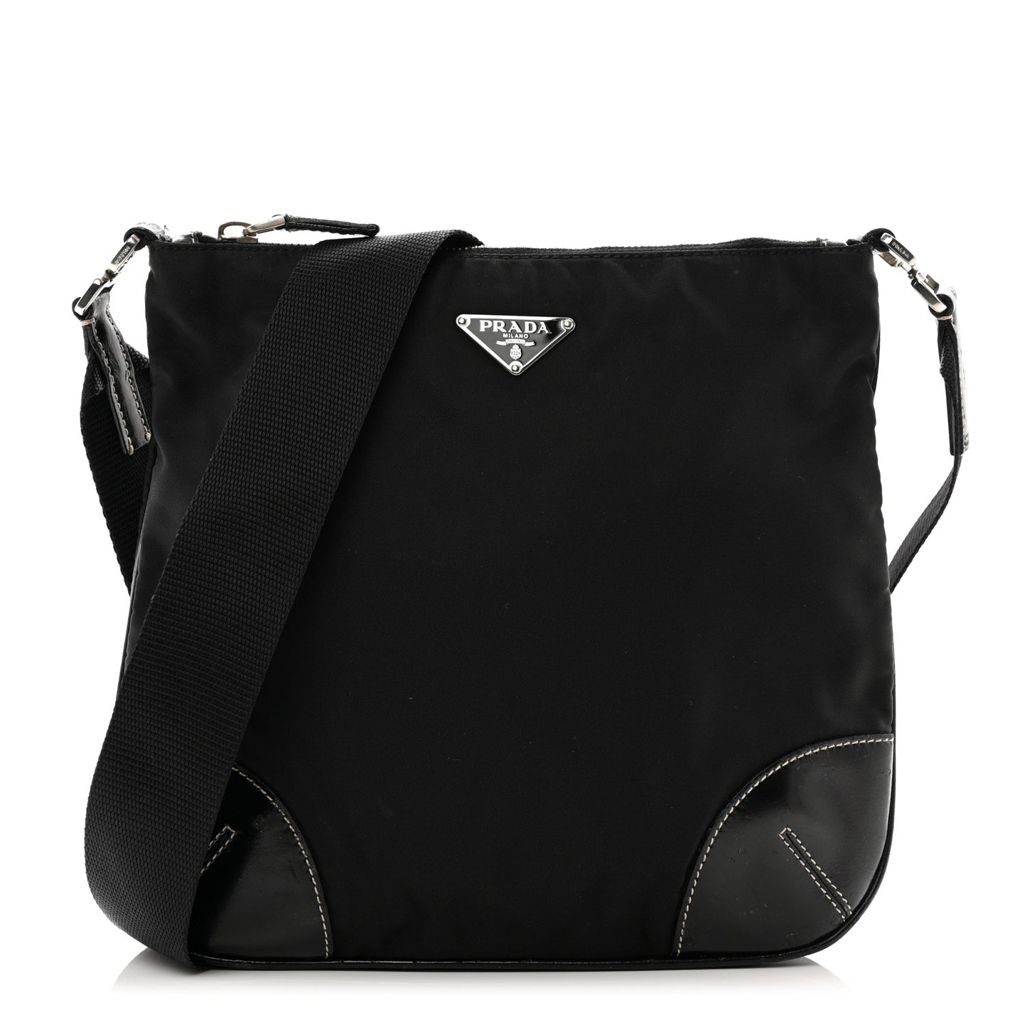 Tessuto Nylon Calfskin Flat Messenger Bag Black