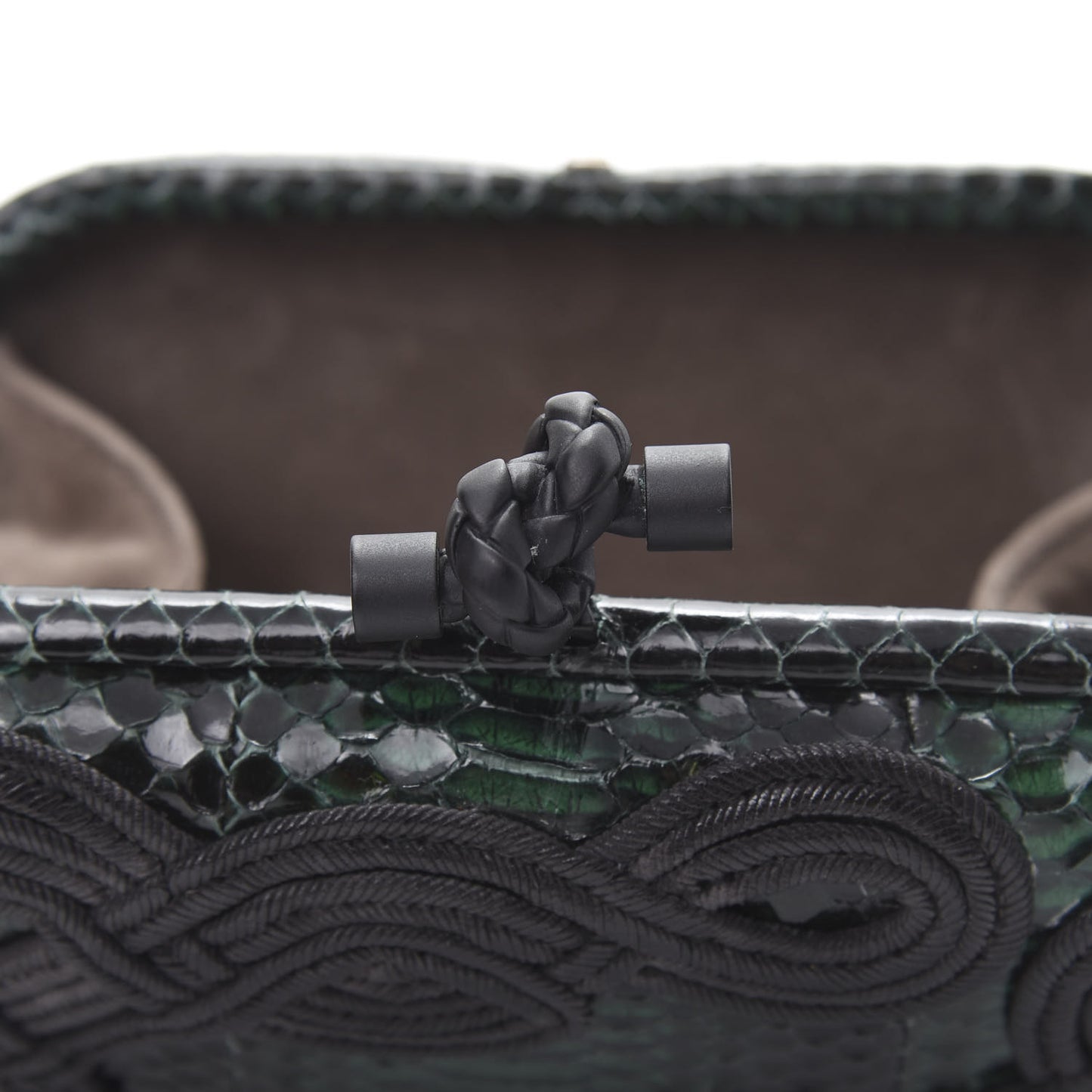 Snakeskin Passamaneria Woven Knot Clutch Emerald